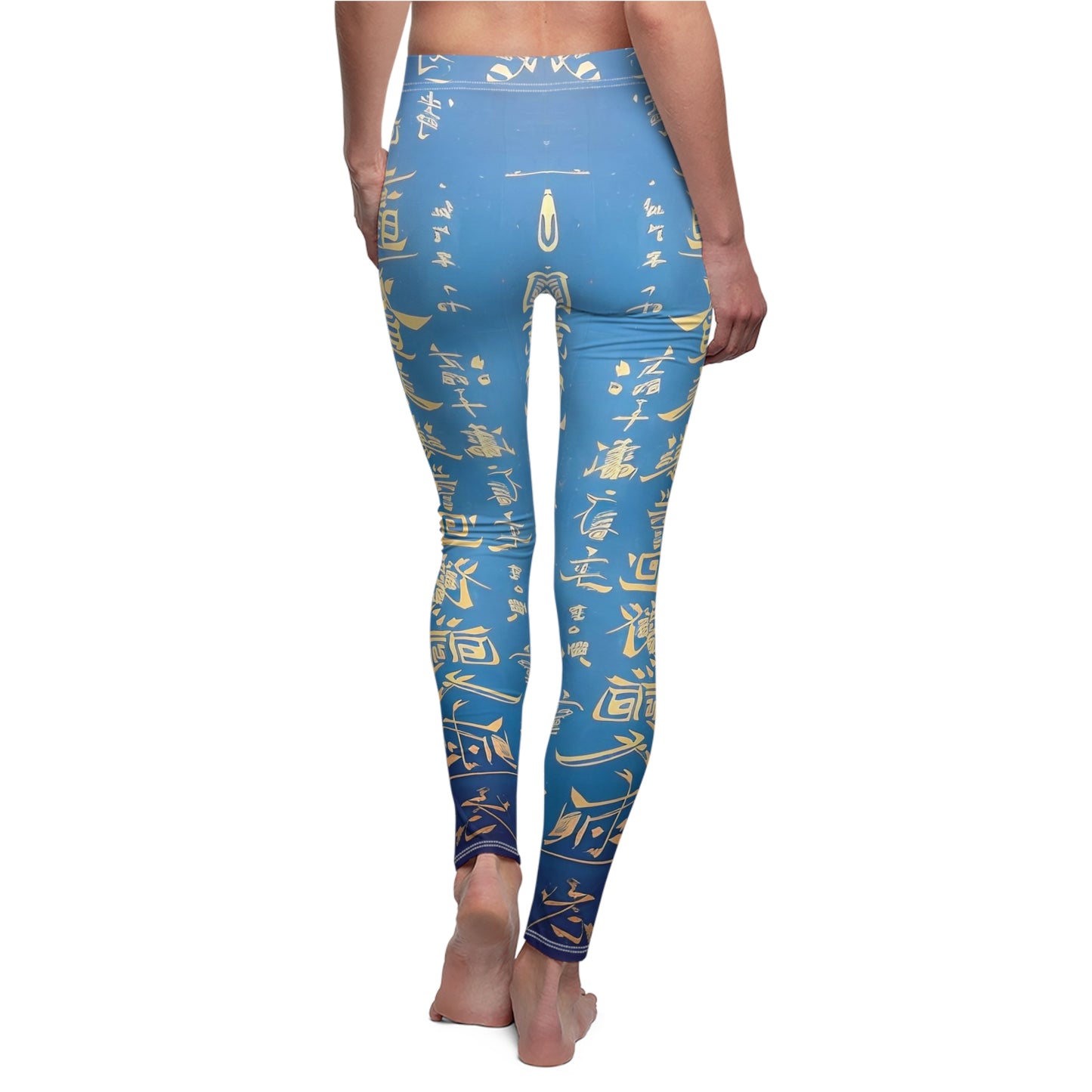 Baby blue skinny fit leggings with all-over print design of gold Chinese lettering - back view - worn by model.
