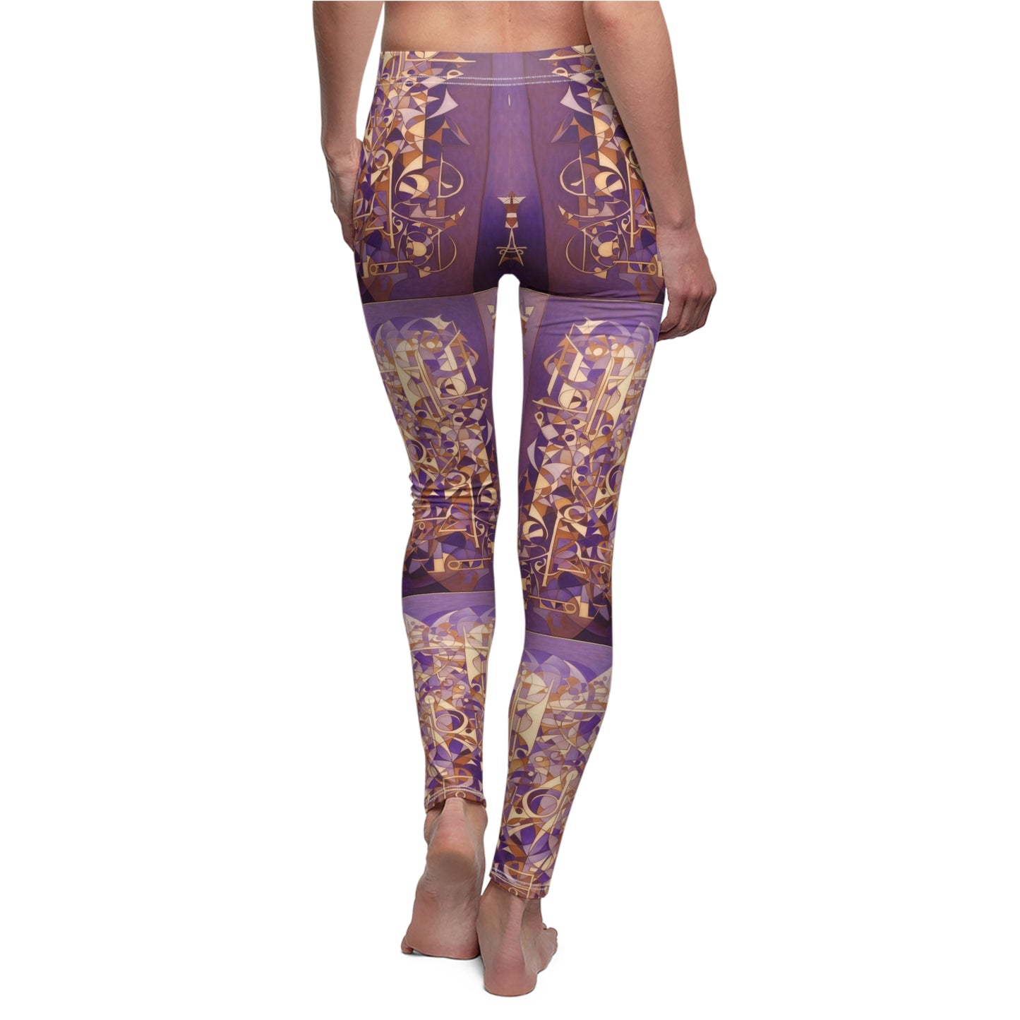 Skinny fit leggings, shades of purples with gold and white geometric patterns, back view, on model.