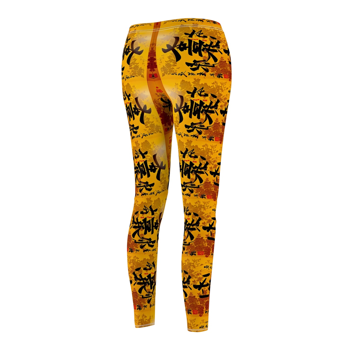 A pair of skinny fit leggings featuring a colorful all-over print, with a gold, black and orange Oriental design, back view.