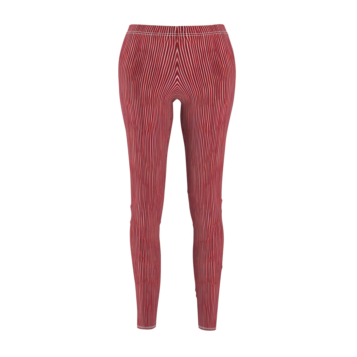 A pair of elastic skinny fit leggings with a red and white striped pattern.