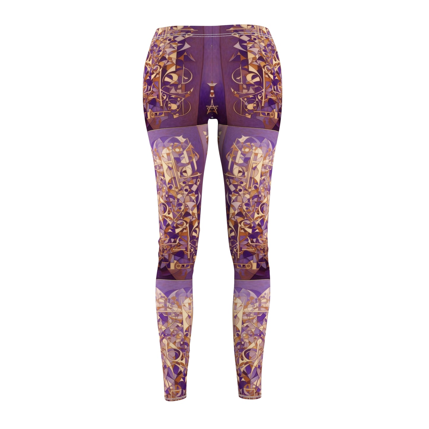 Skinny fit leggings, shades of purples with gold and white geometric patterns, back view.