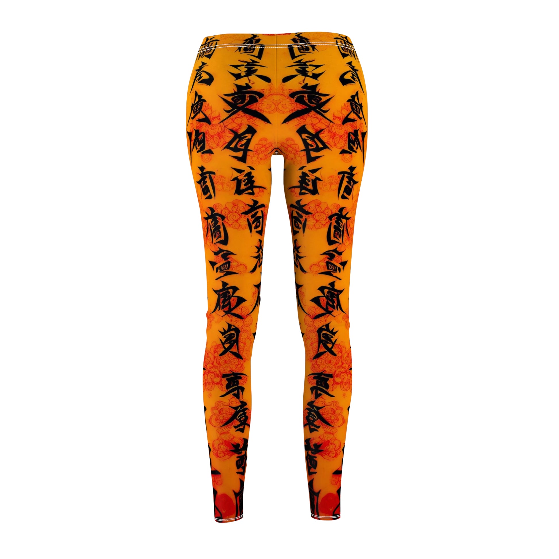 Back view of a pair of skinny fit leggings featuring Chinese calligraphy with vibrant colors predominantly in orange and red tones.