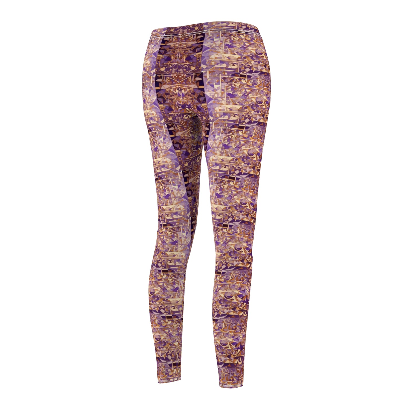 A pair of purple and gold leggings with a textured print, designed to be skinny fit, back side view.