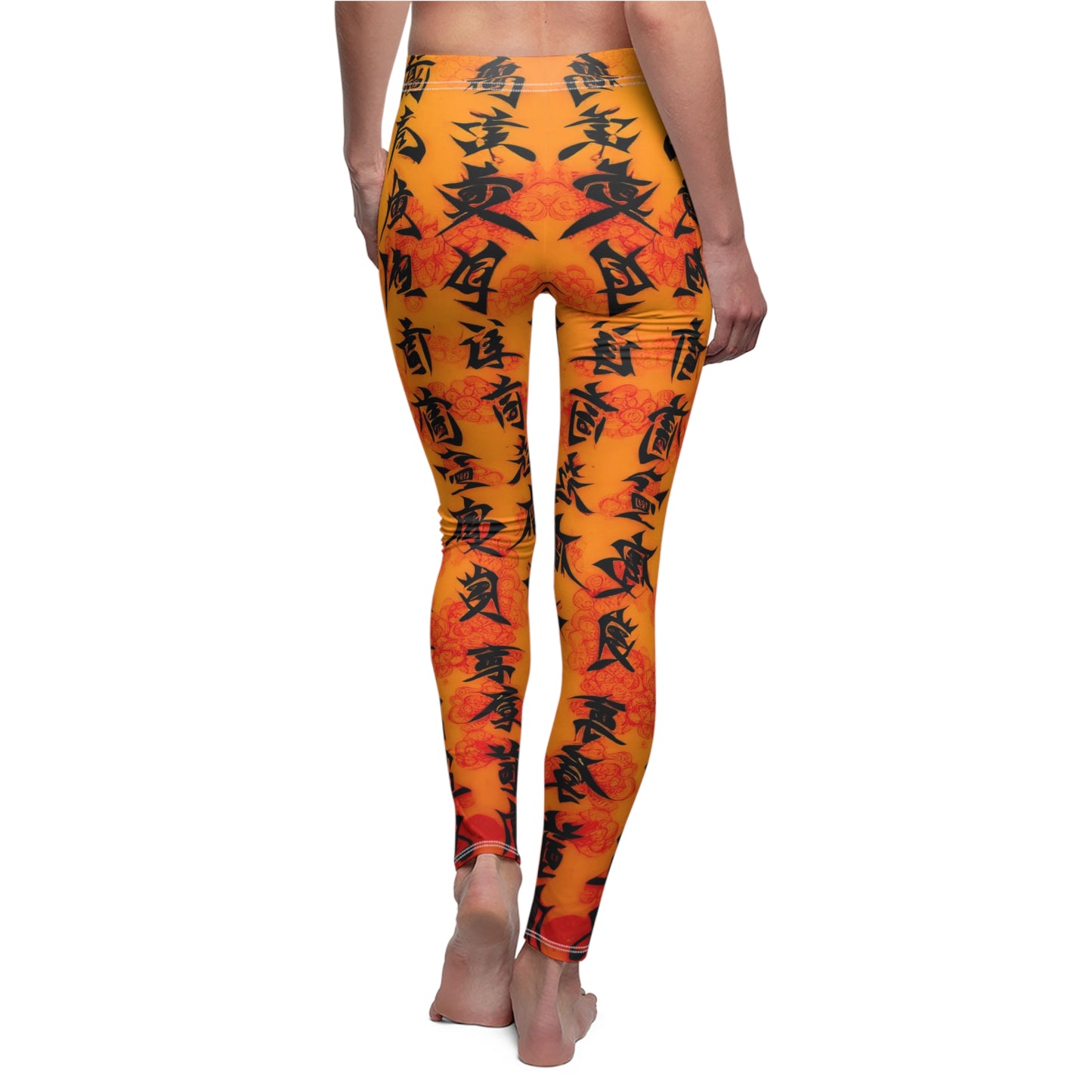 Back view of a pair of skinny fit leggings on a model featuring Chinese calligraphy with vibrant colors predominantly in orange and red tones.