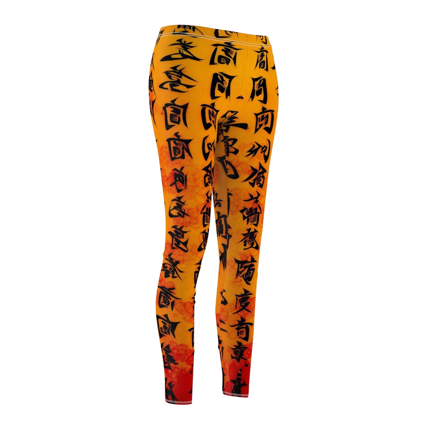 Front sideview of a pair of skinny fit leggings featuring Chinese calligraphy with vibrant colors predominantly in orange and red tones.