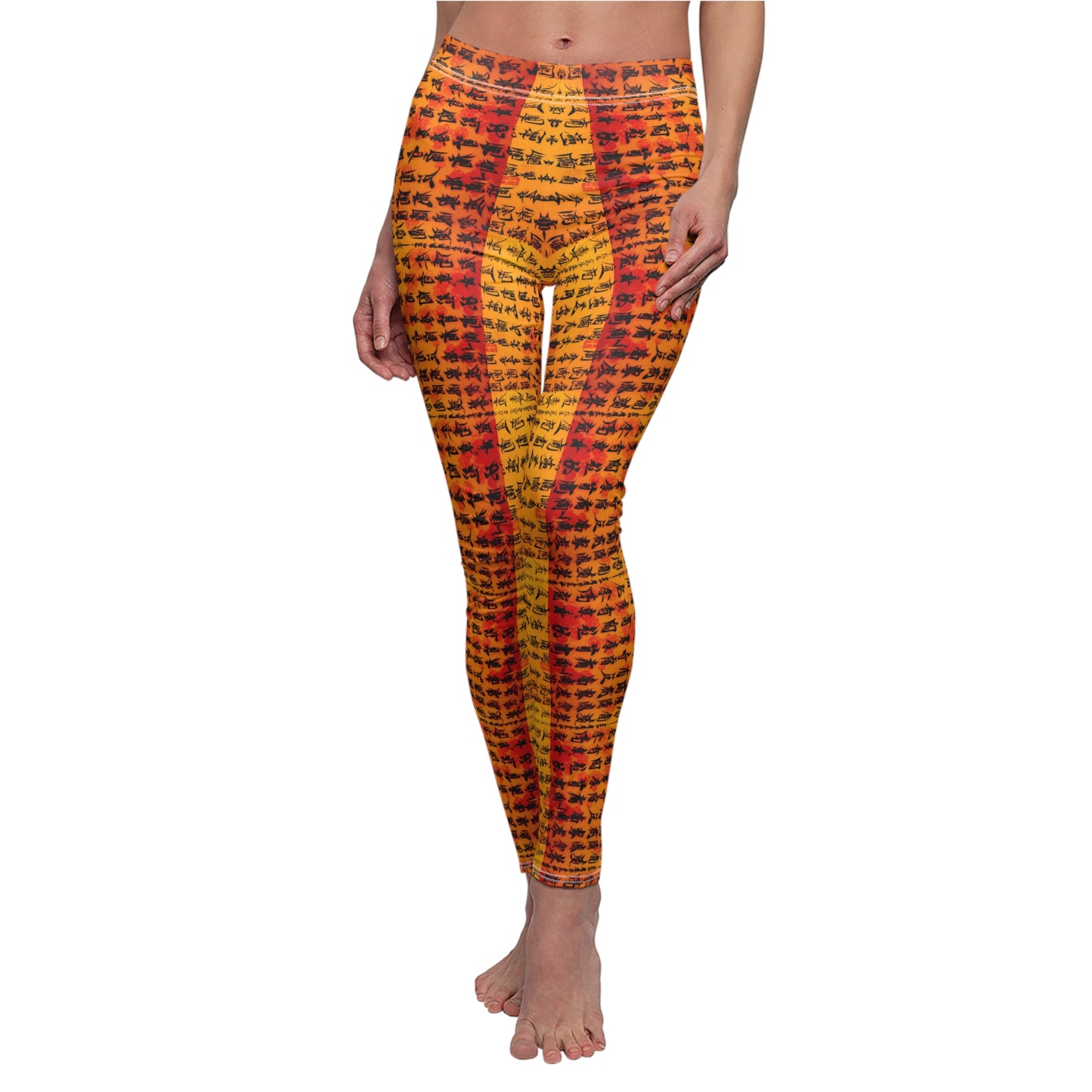 A pair of skinny fit leggings featuring Chinese calligraphy with vibrant colors predominantly in orange and yellow tones, showcasing the leggings on a model.