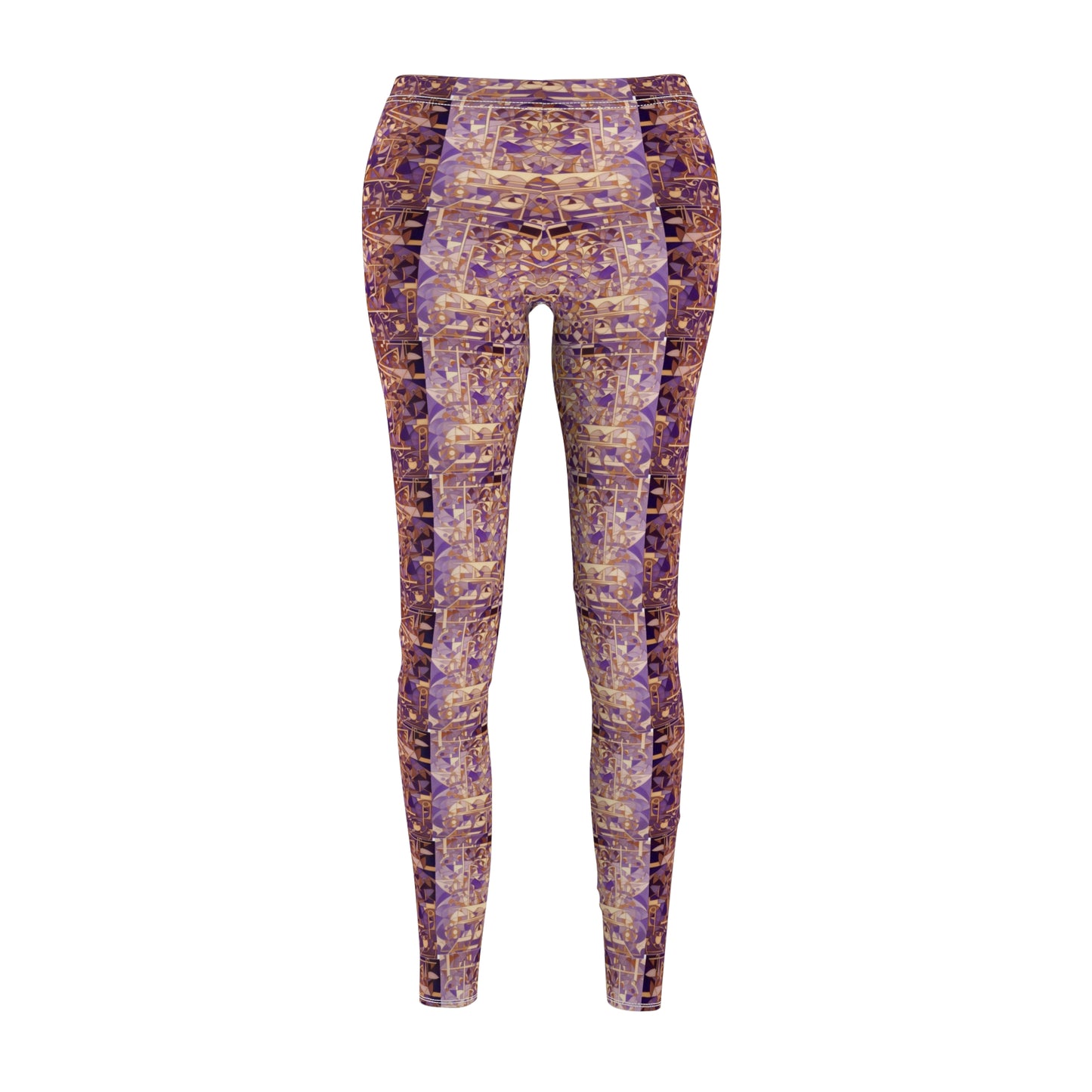 A pair of purple and gold leggings with a textured print, designed to be skinny fit, front view.