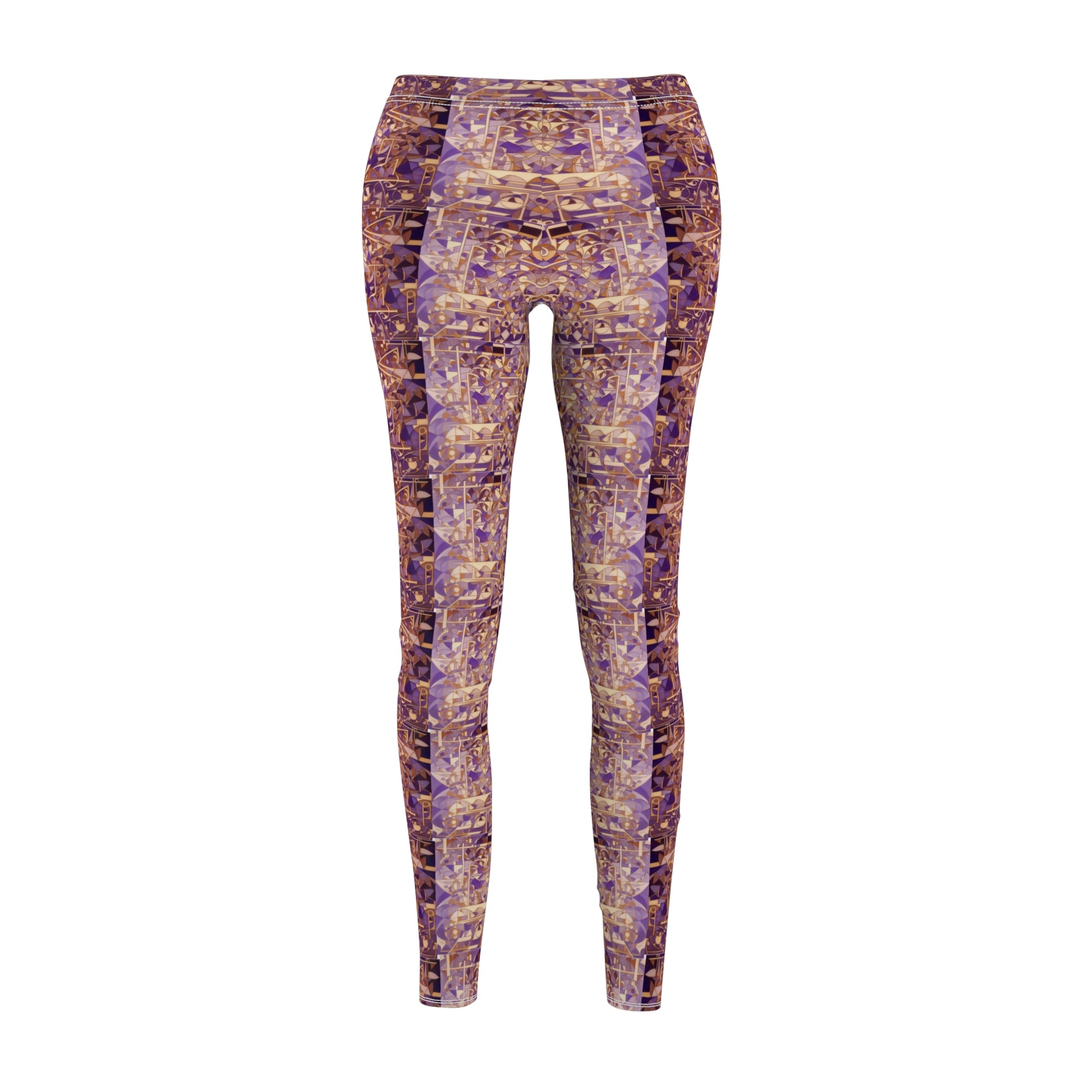 A pair of purple and gold leggings with a textured print, designed to be skinny fit, front view.