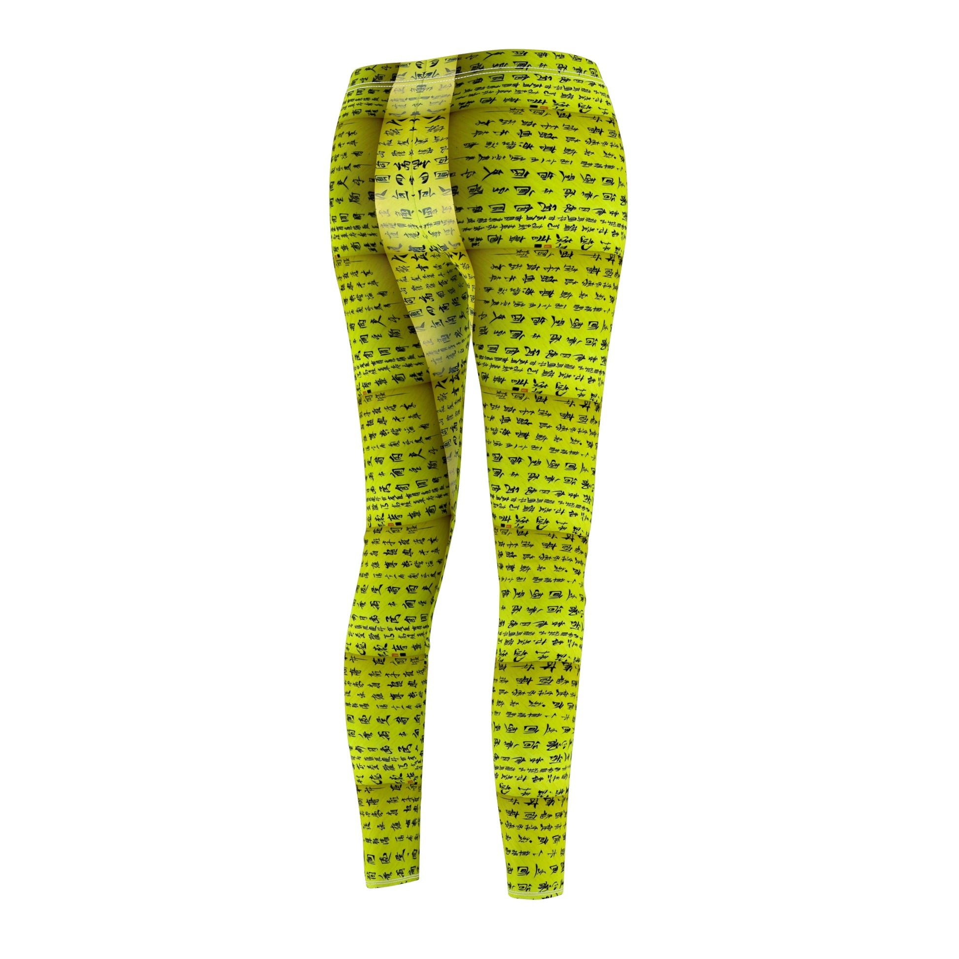 Back side view of a pair of lime green elastic skinny fit leggings with a white thread color and Chinese character pattern.