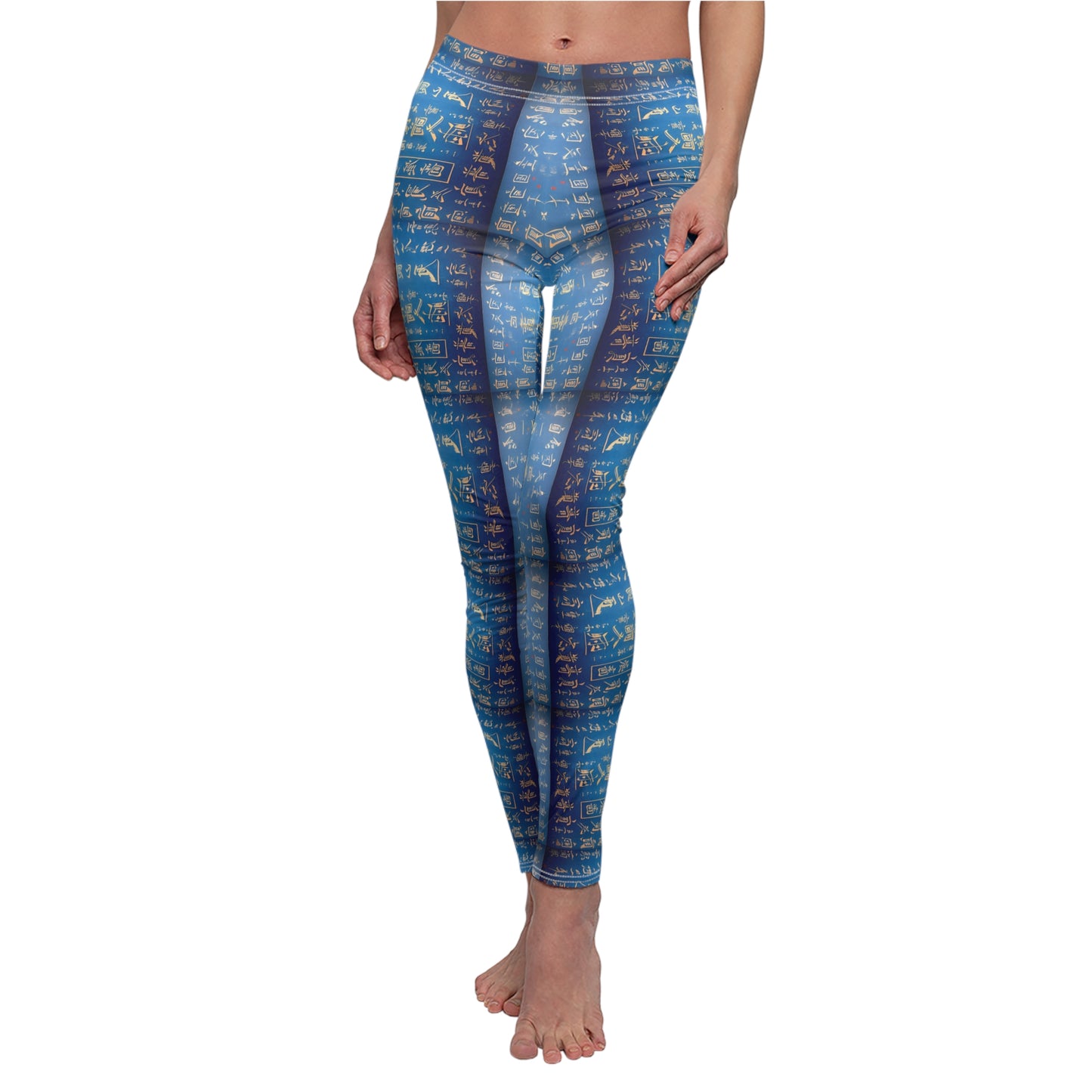 A pair of blue leggings worn by model, front view, covered in gold Chinese writing, showcasing the product's skinny fit and vibrant color.