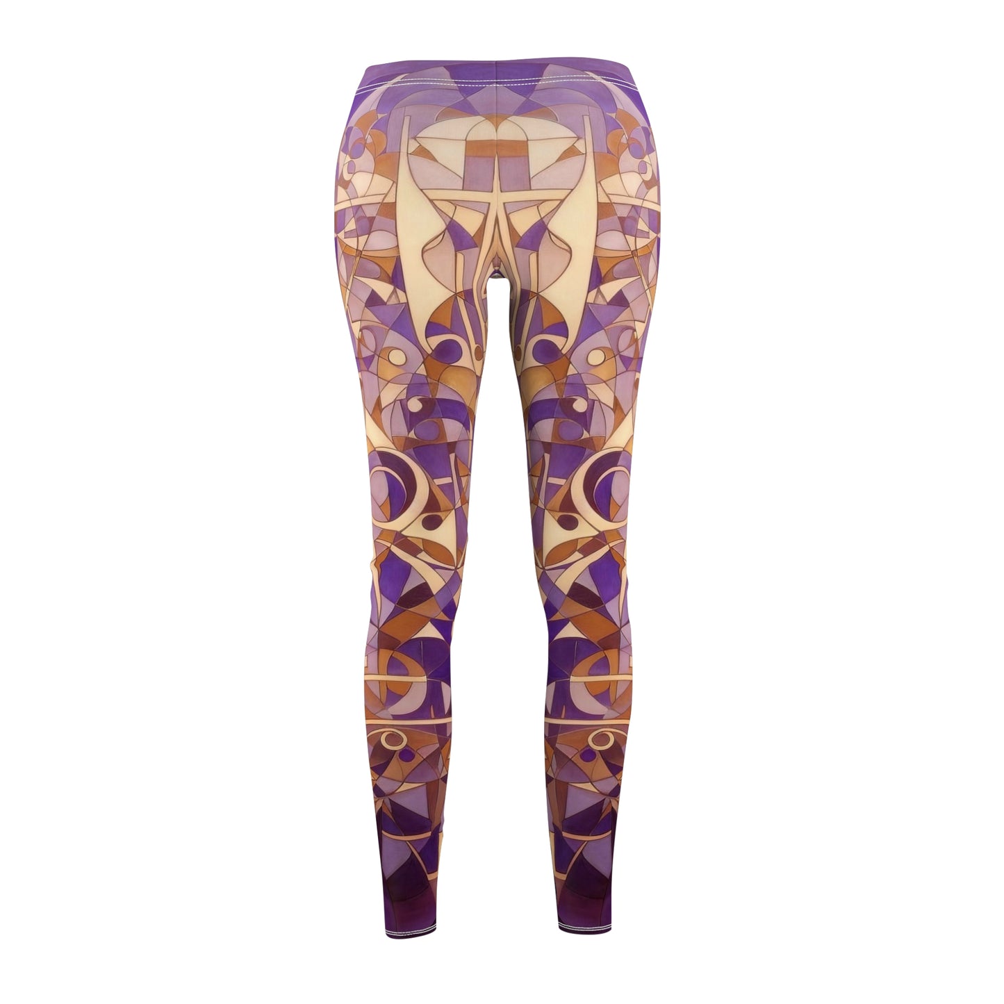 A pair of purple, cream and beige geometric patterned skinny fit leggings, back view.