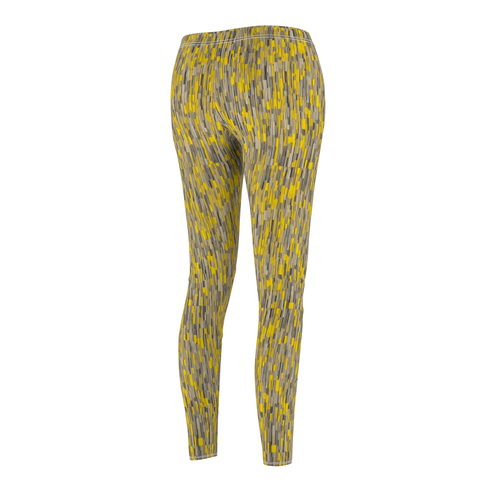 A pair of leggings with a vibrant yellow and gray geometric pattern, Back side view.