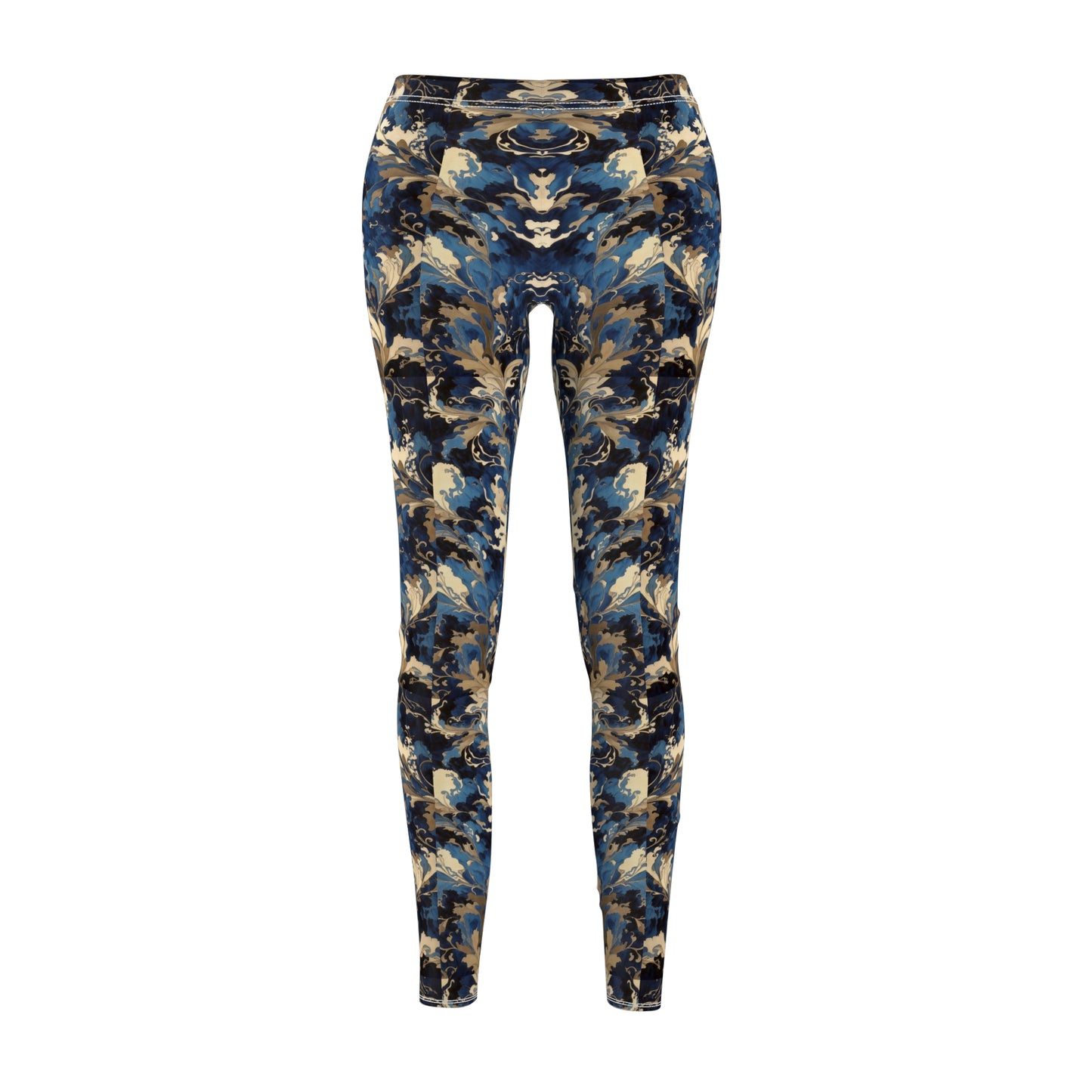 A pair of blue and gold floral print leggings with a skinny fit, elastic waistband, and a high-waisted design.