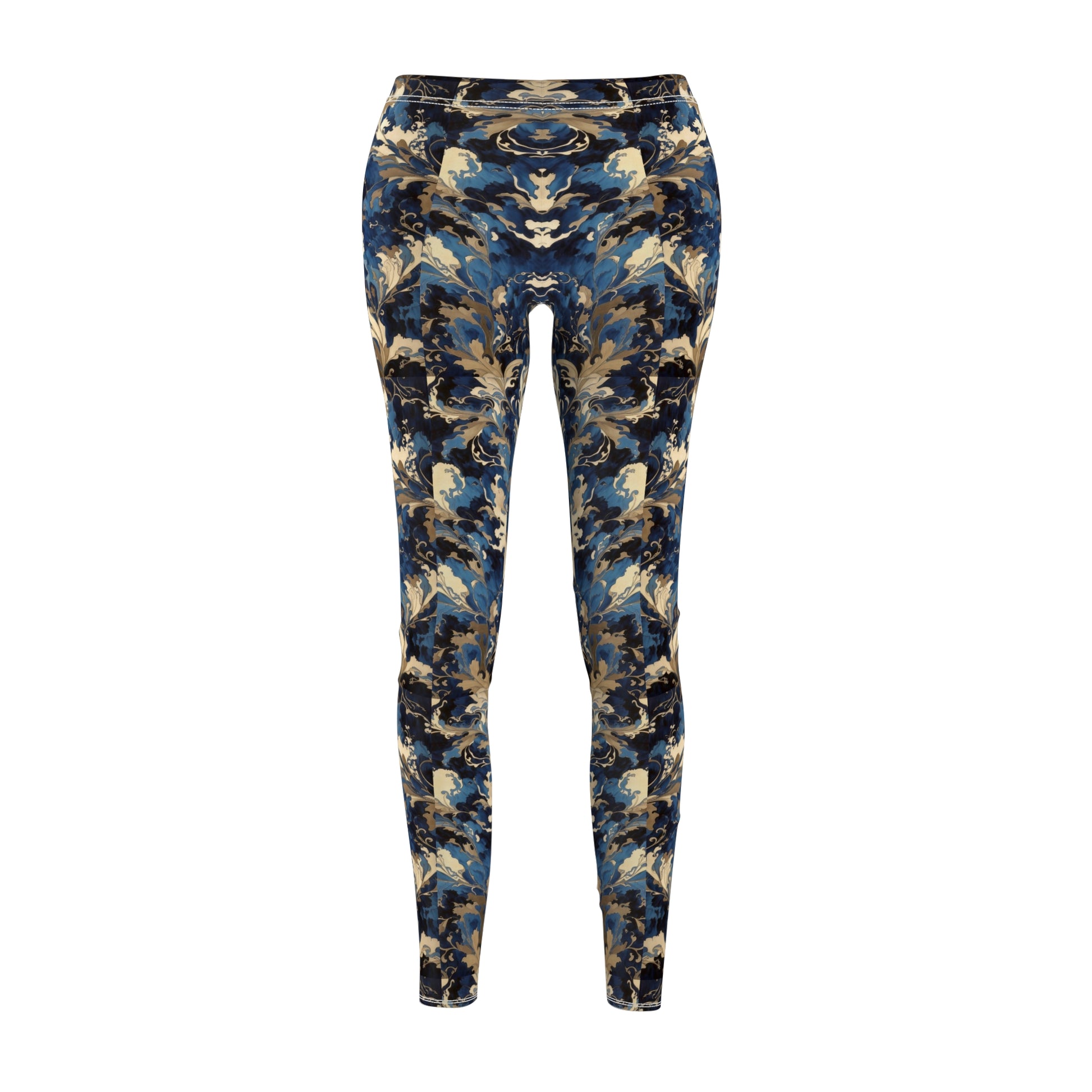 A pair of blue and gold floral print leggings with a skinny fit, elastic waistband, and a high-waisted design.