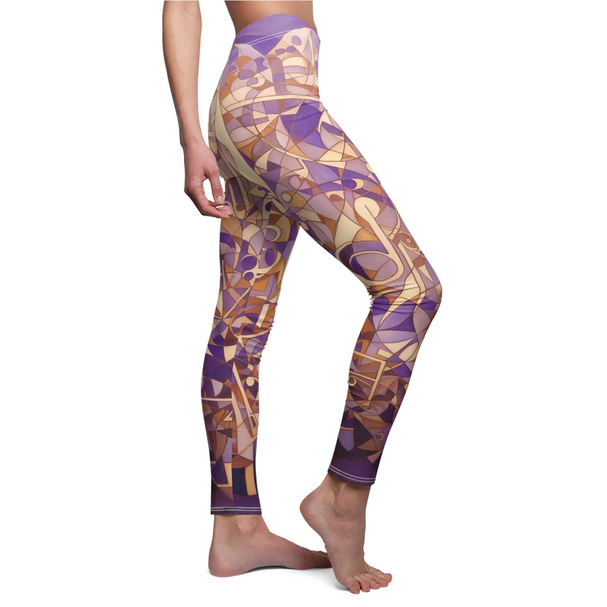 A pair of purple, cream and beige geometric patterned skinny fit leggings, side view, on model.
