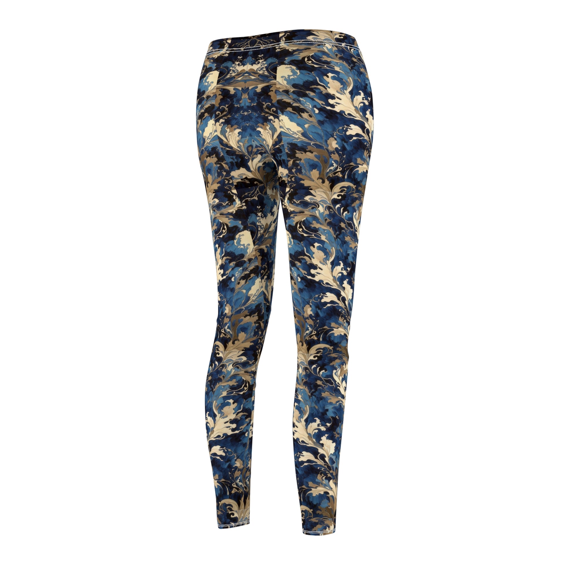 A pair of blue and gold floral print leggings with a skinny fit, elastic waistband, and a high-waisted design.