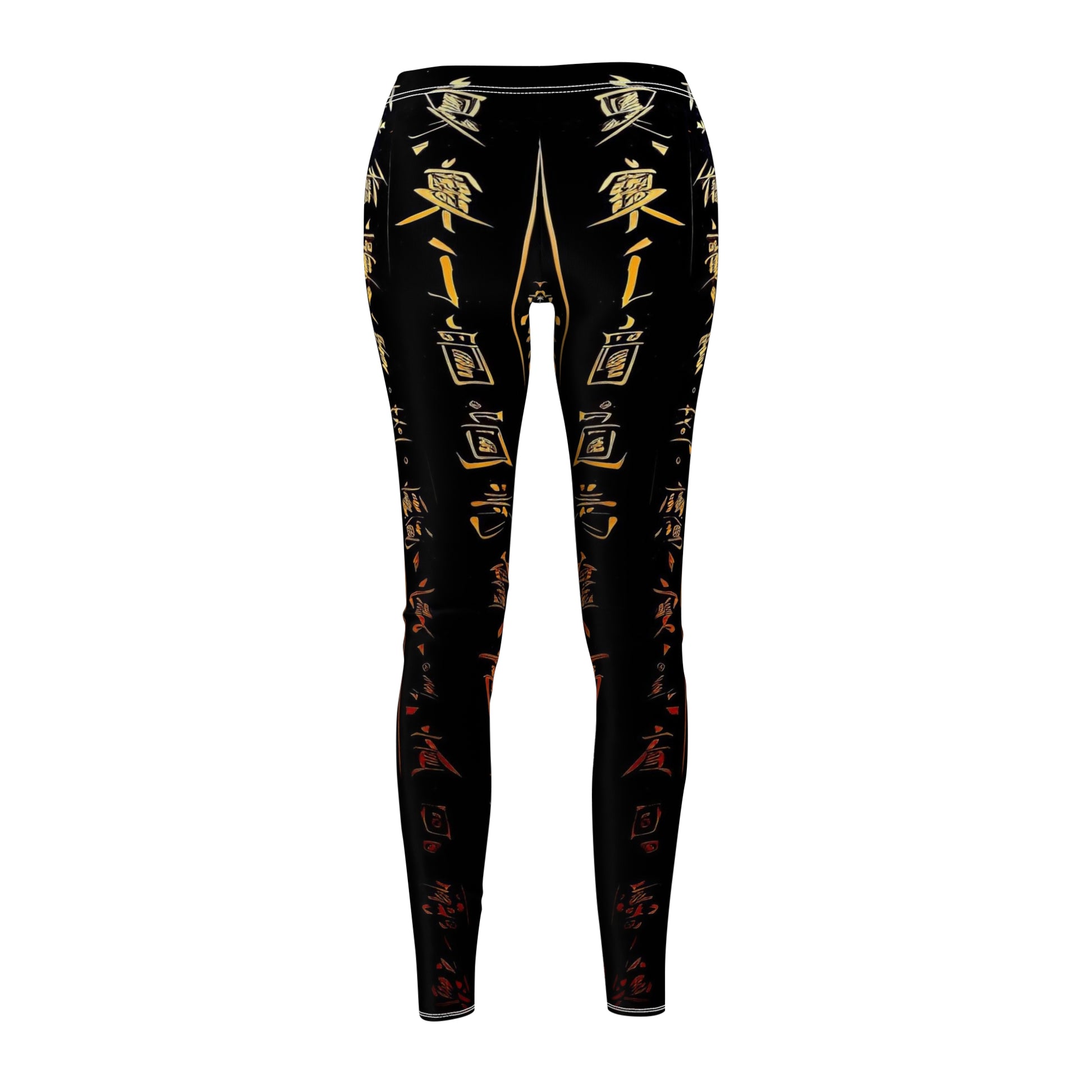 A pair of skinny fit leggings featuring gold and red Chinese lettering on a black background, back view.