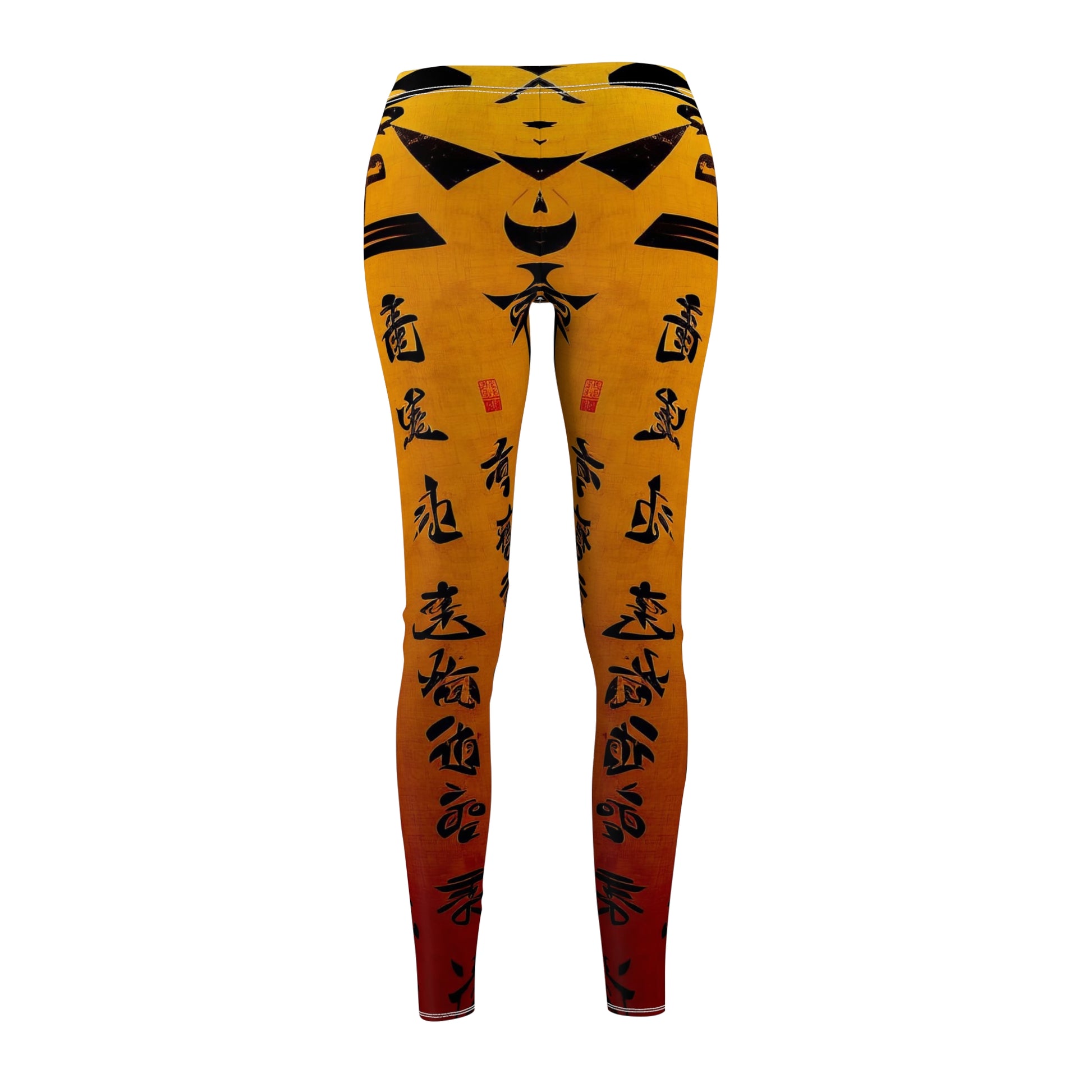 Back view of a pair of skinny fit leggings featuring a gold color with black geometric patterns and a visible white thread color.