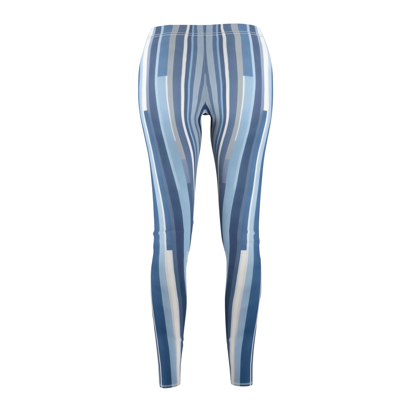 A pair of blue and white striped leggings, back view.