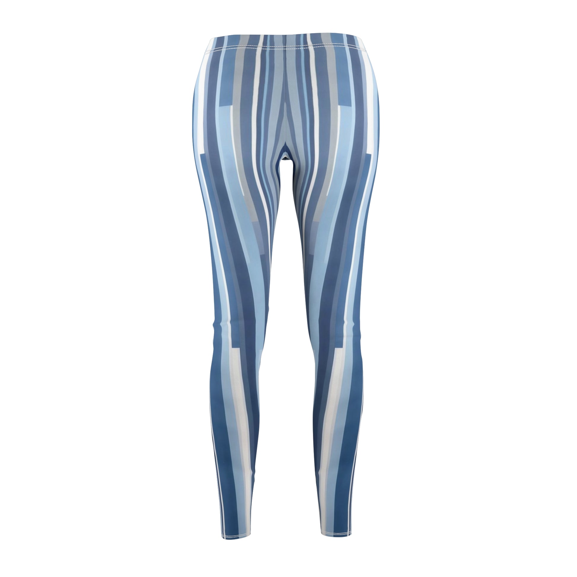 A pair of blue and white striped leggings, back view.