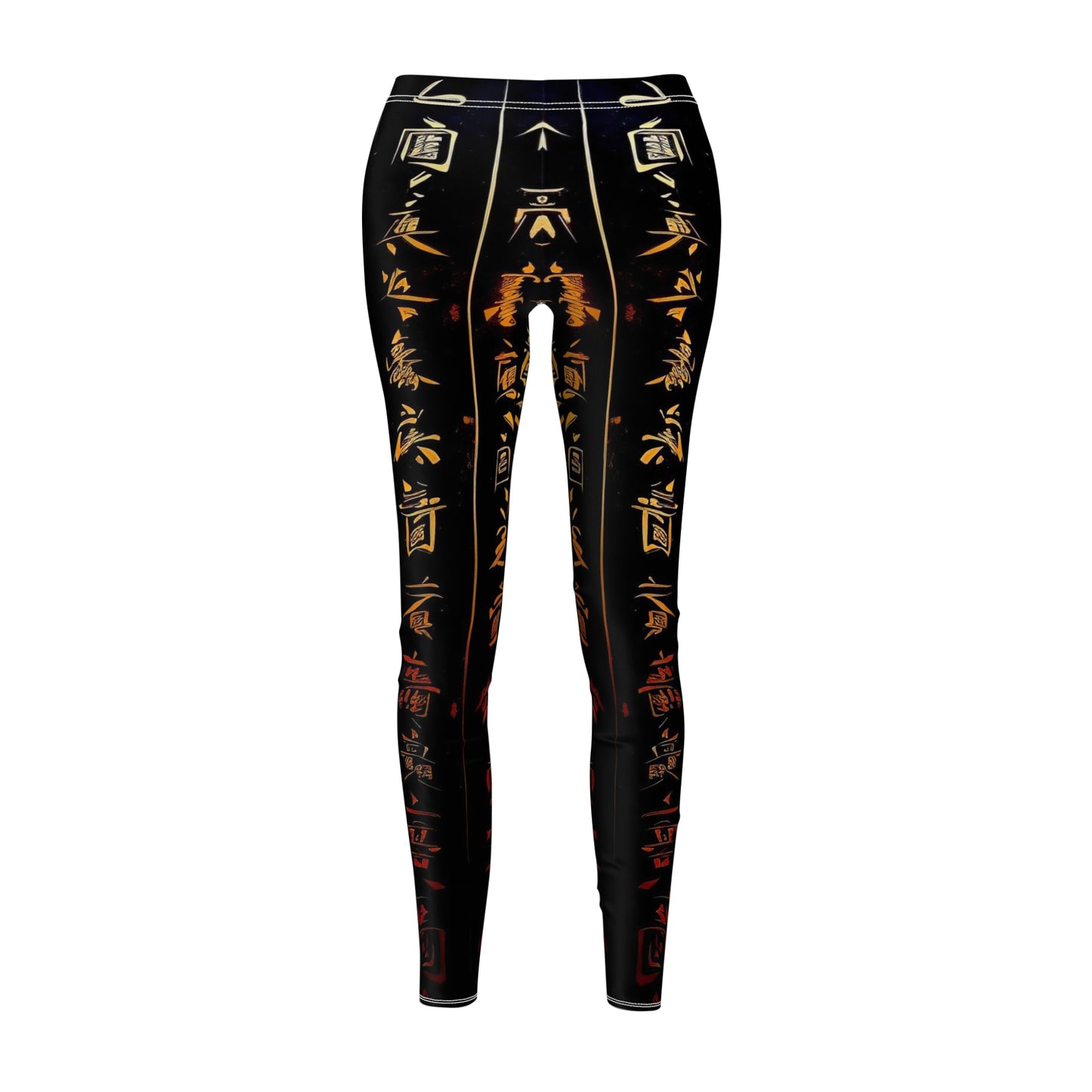 A pair of skinny fit leggings featuring gold and red Chinese lettering on a black background, front view.