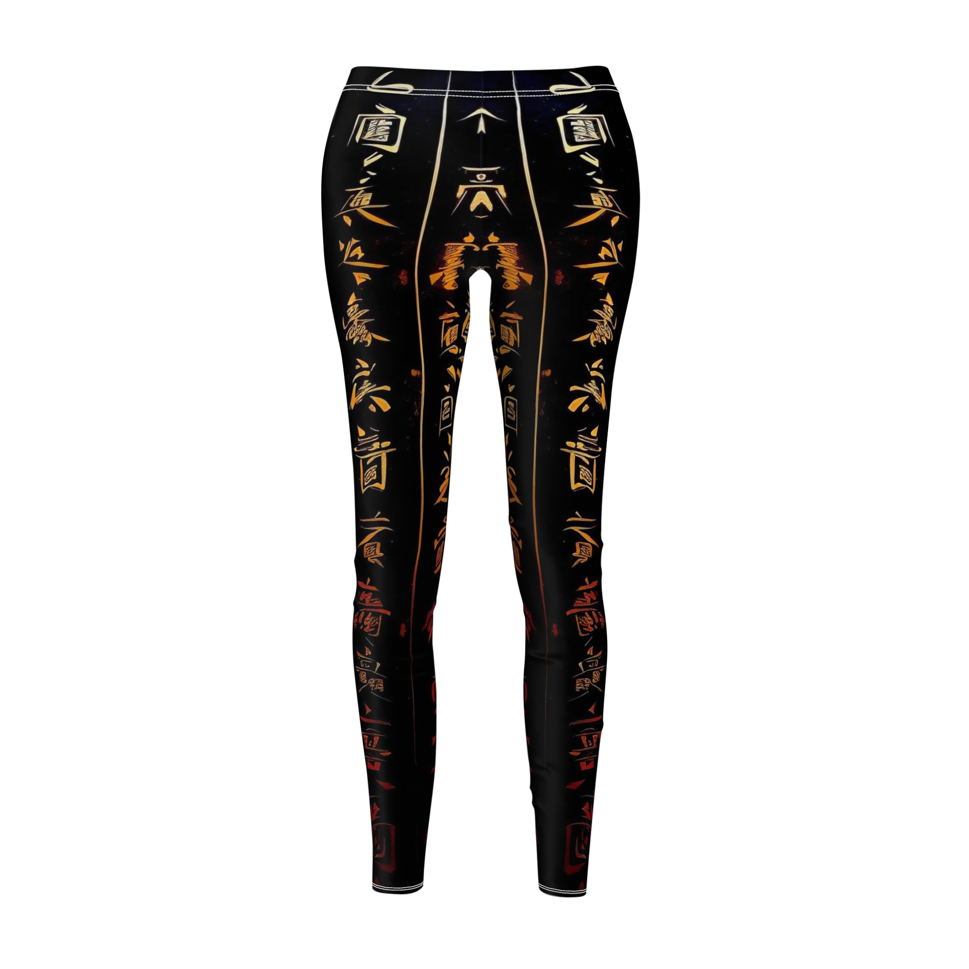 A pair of skinny fit leggings featuring gold and red Chinese lettering on a black background, front view.