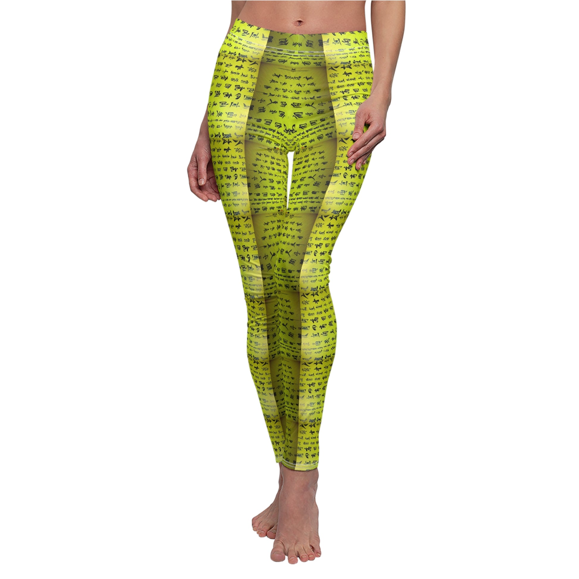 Model wearing a pair of lime green elastic skinny fit leggings with a white thread color and Chinese character pattern.
