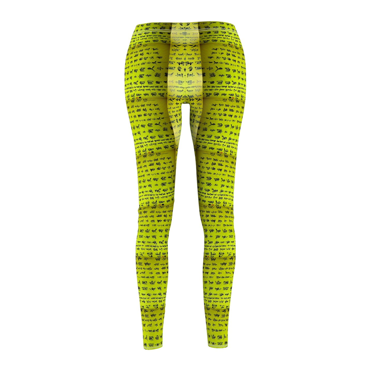 Back view of a pair of lime green elastic skinny fit leggings with a white thread color and Chinese character pattern.