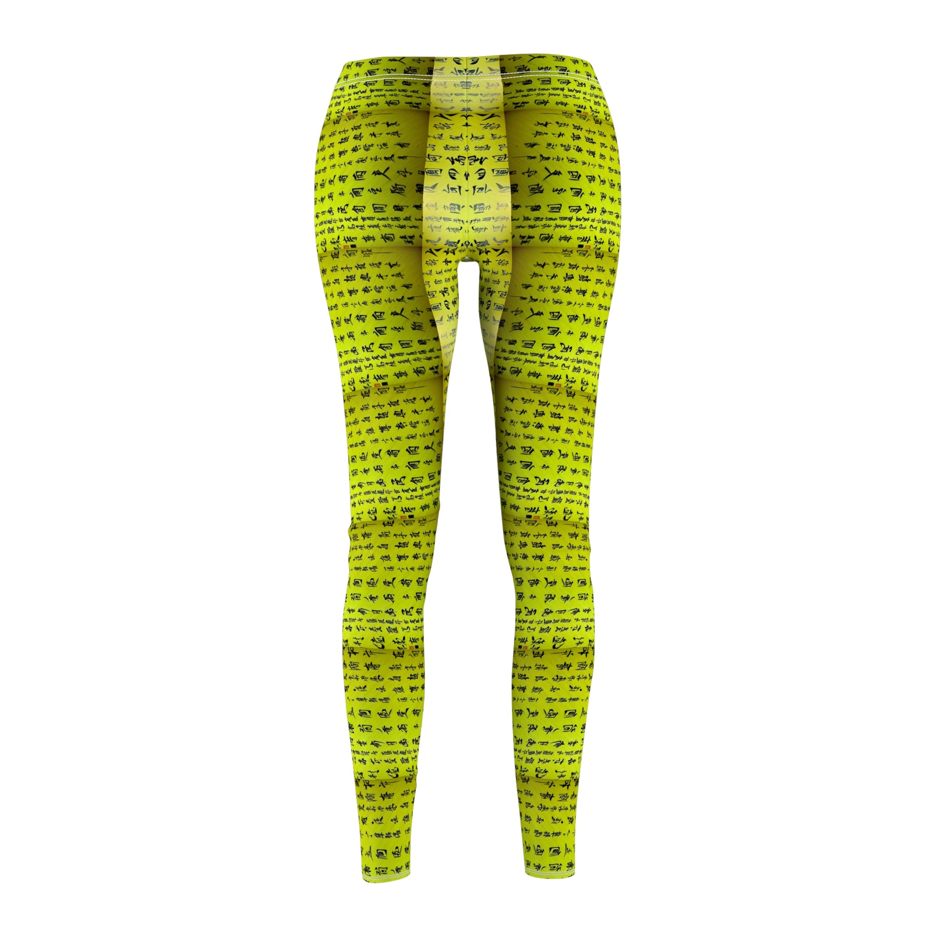 Back view of a pair of lime green elastic skinny fit leggings with a white thread color and Chinese character pattern.