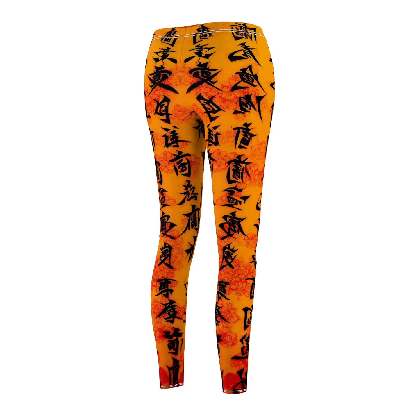Back side view of a pair of skinny fit leggings featuring Chinese calligraphy with vibrant colors predominantly in orange and red tones.