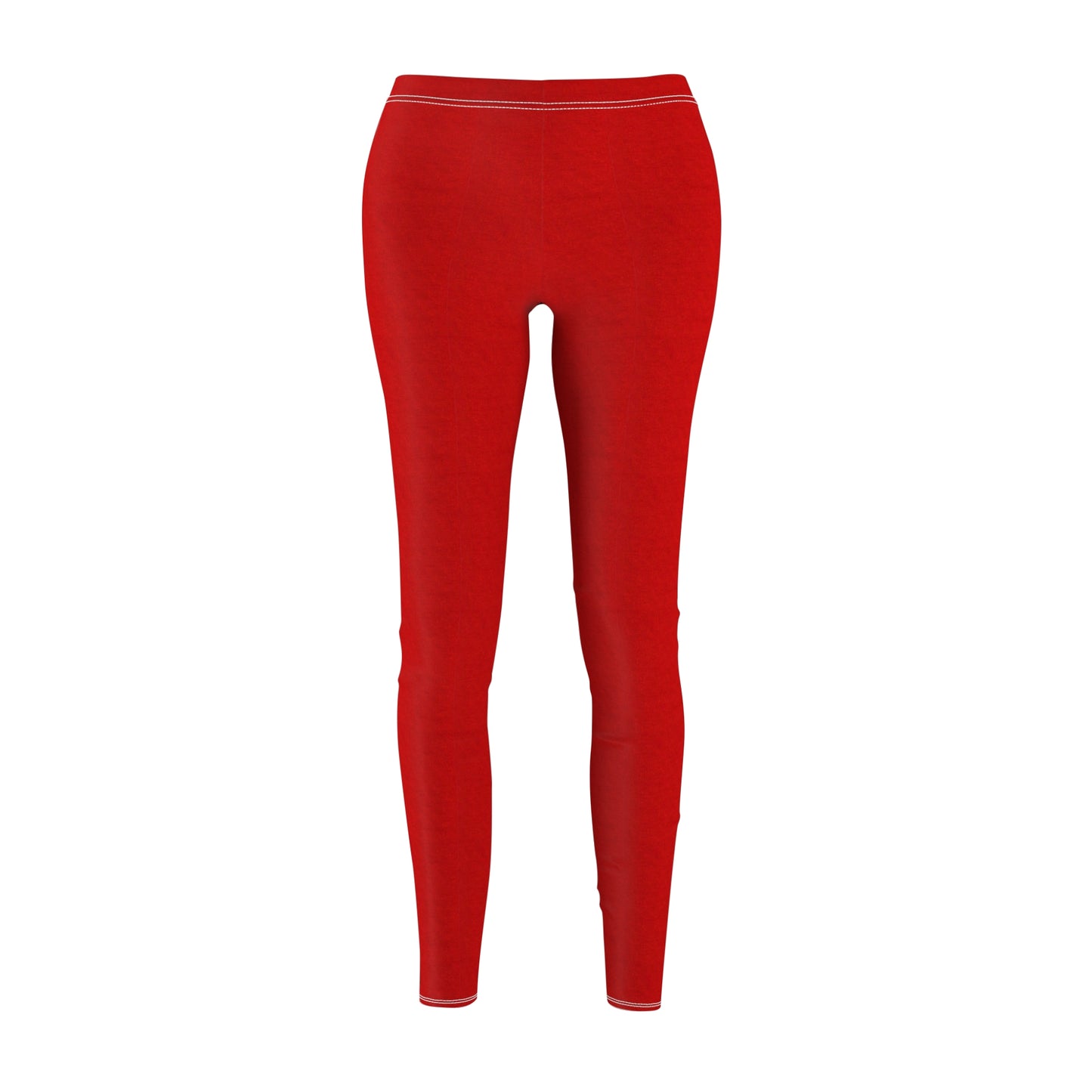 A pair of solid red skinny fit leggings with white thread color at the elastic waistband.