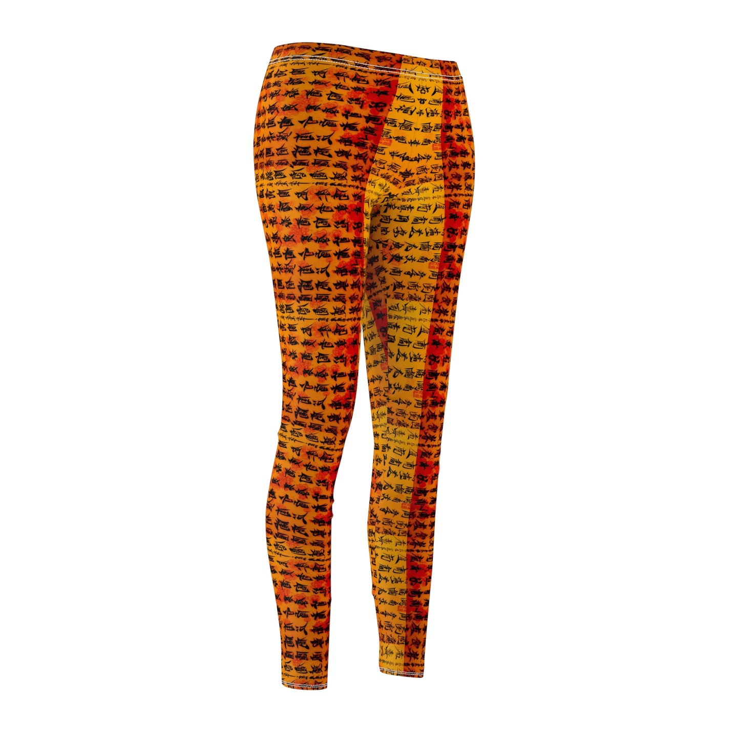 Front side view of a pair of skinny fit leggings featuring Chinese calligraphy with vibrant colors predominantly in orange and yellow tones.