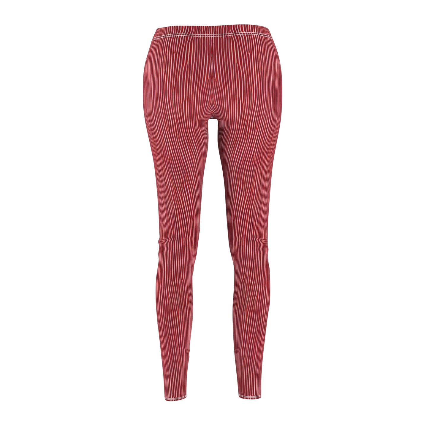 A pair of elastic skinny fit leggings with a red and white striped pattern.