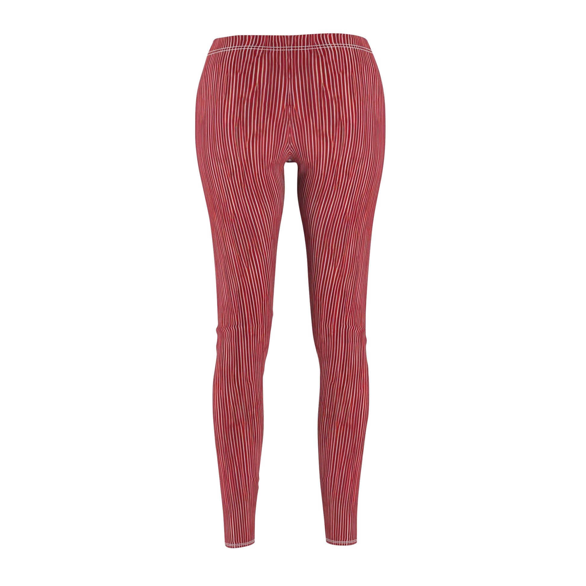 A pair of elastic skinny fit leggings with a red and white striped pattern.