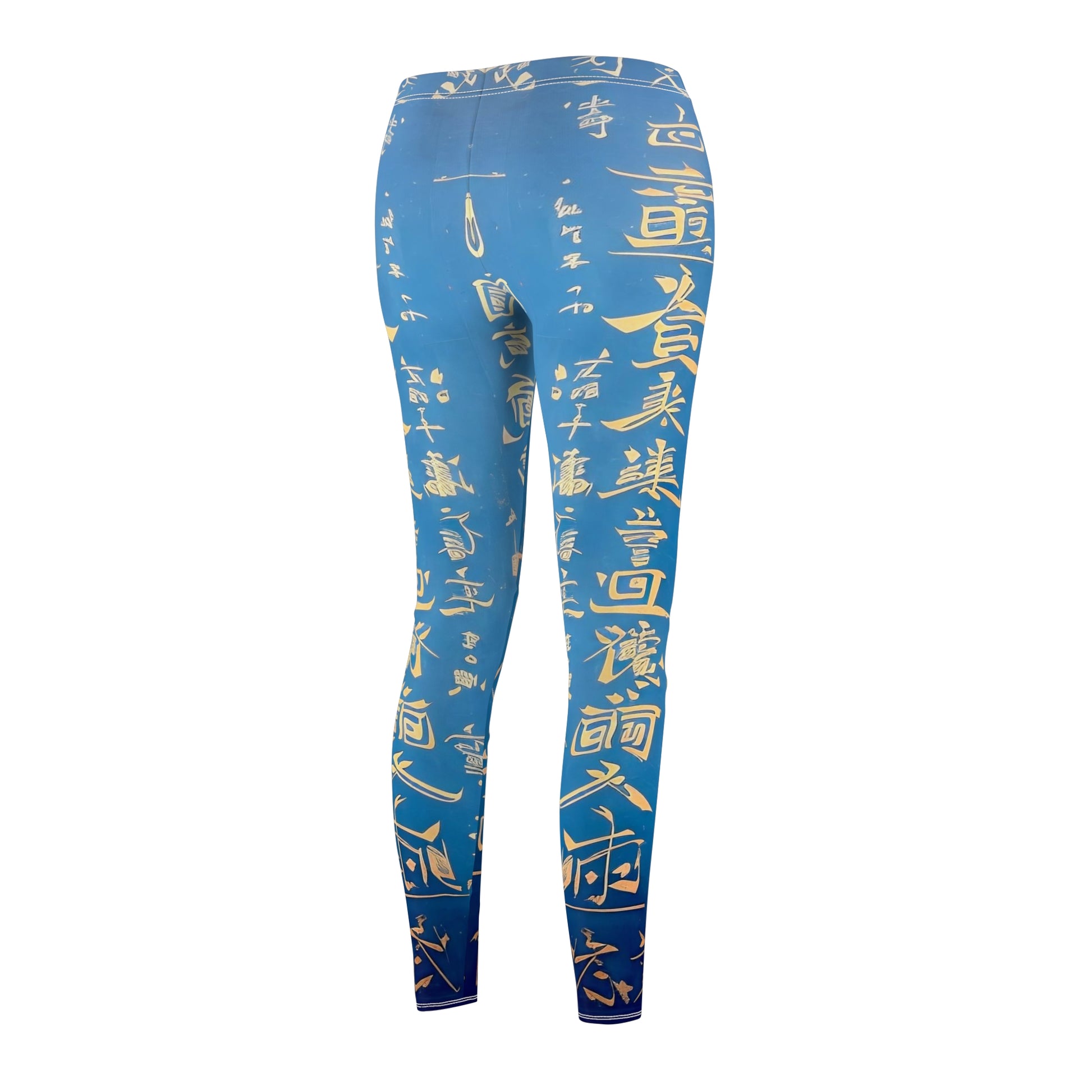 Baby blue skinny fit leggings with all-over print design of gold Chinese lettering - back side view.