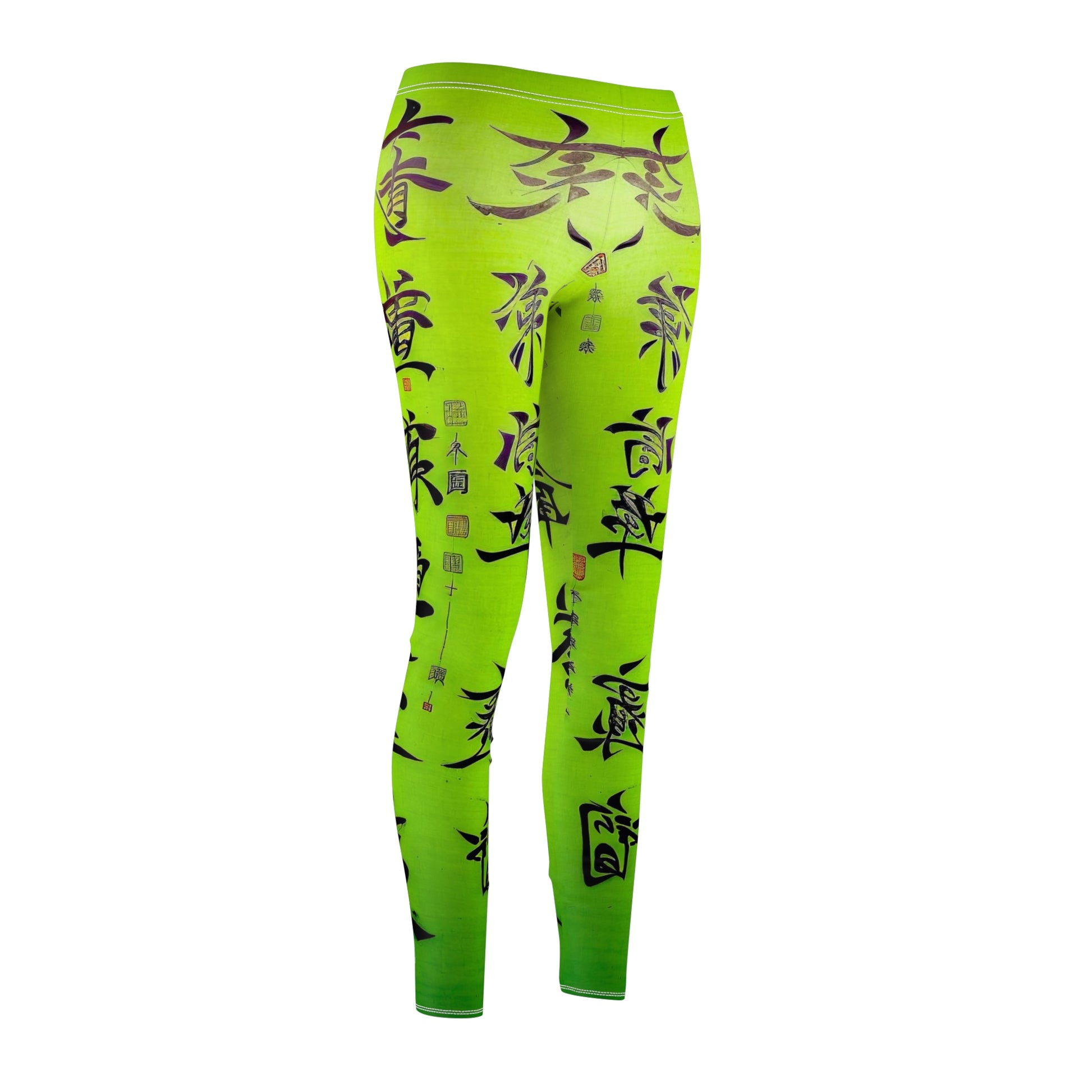 Front side view of a pair of lime green leggings with a white thread color and a graphic print featuring stylized Chinese lettering in black.