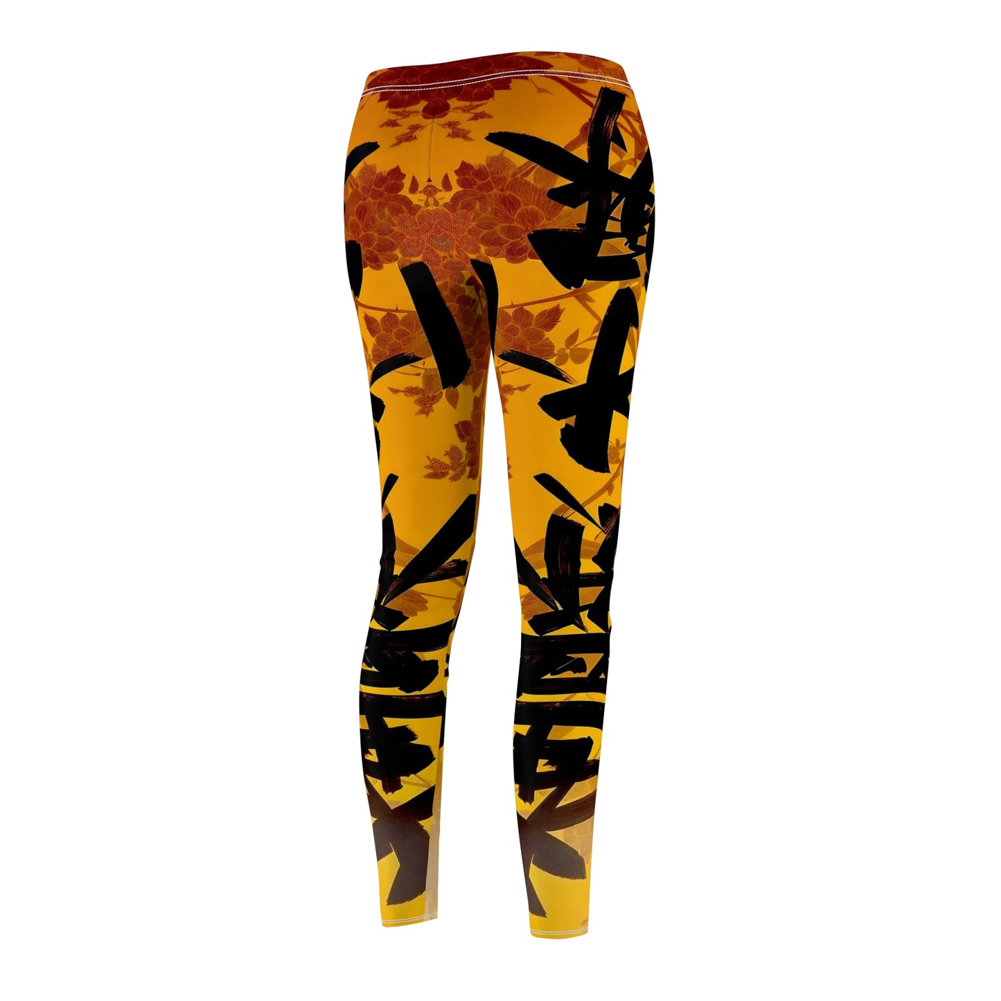 A pair of skinny fit leggings featuring a gold and orange color scheme with an Oriental geometric floral pattern, back side view.