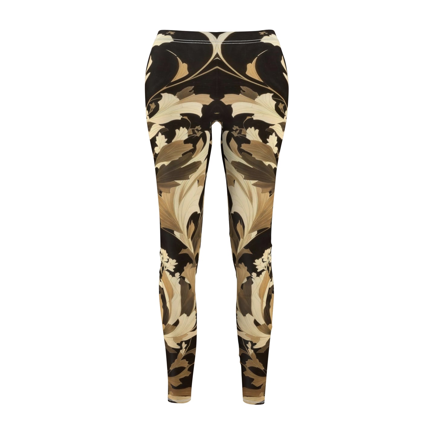 Leggings, black, brown, beige, cream floral pattern.
