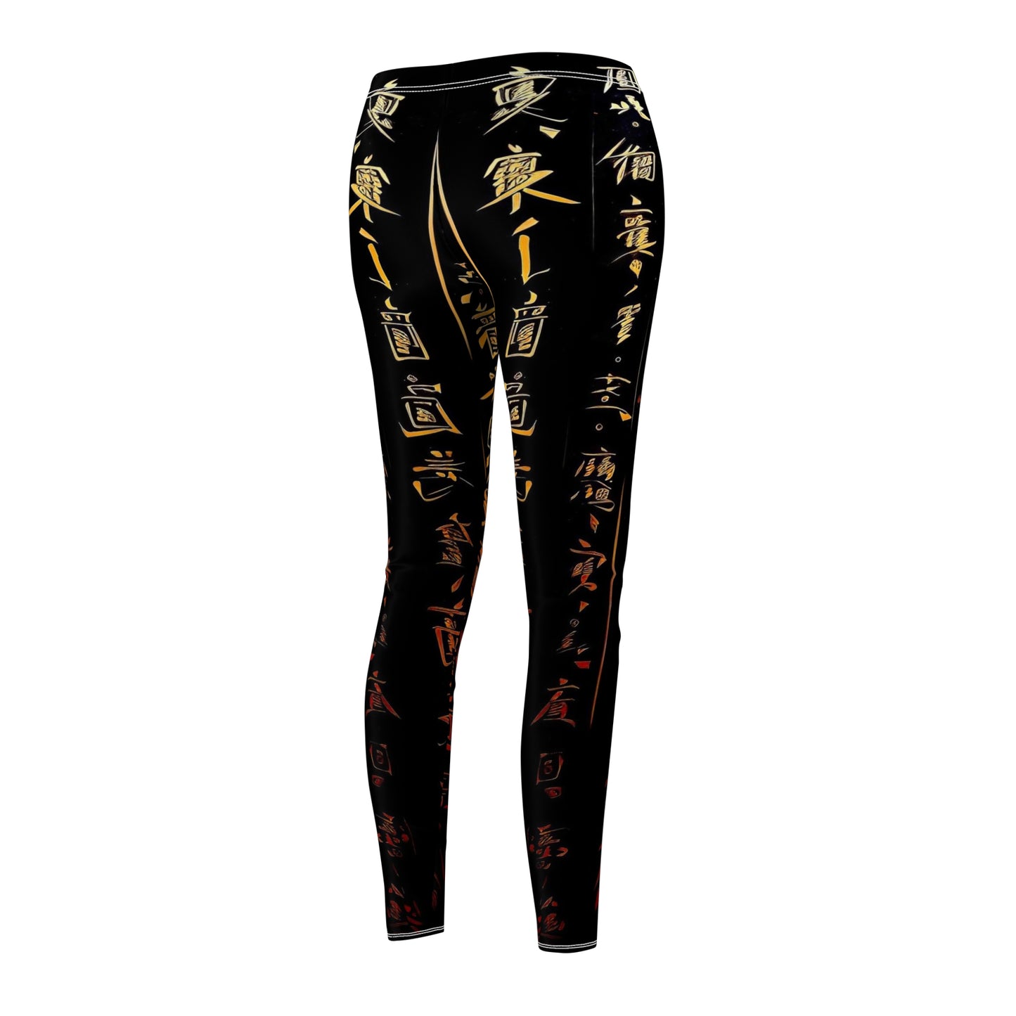 A pair of skinny fit leggings featuring gold and red Chinese lettering on a black background, back side view.