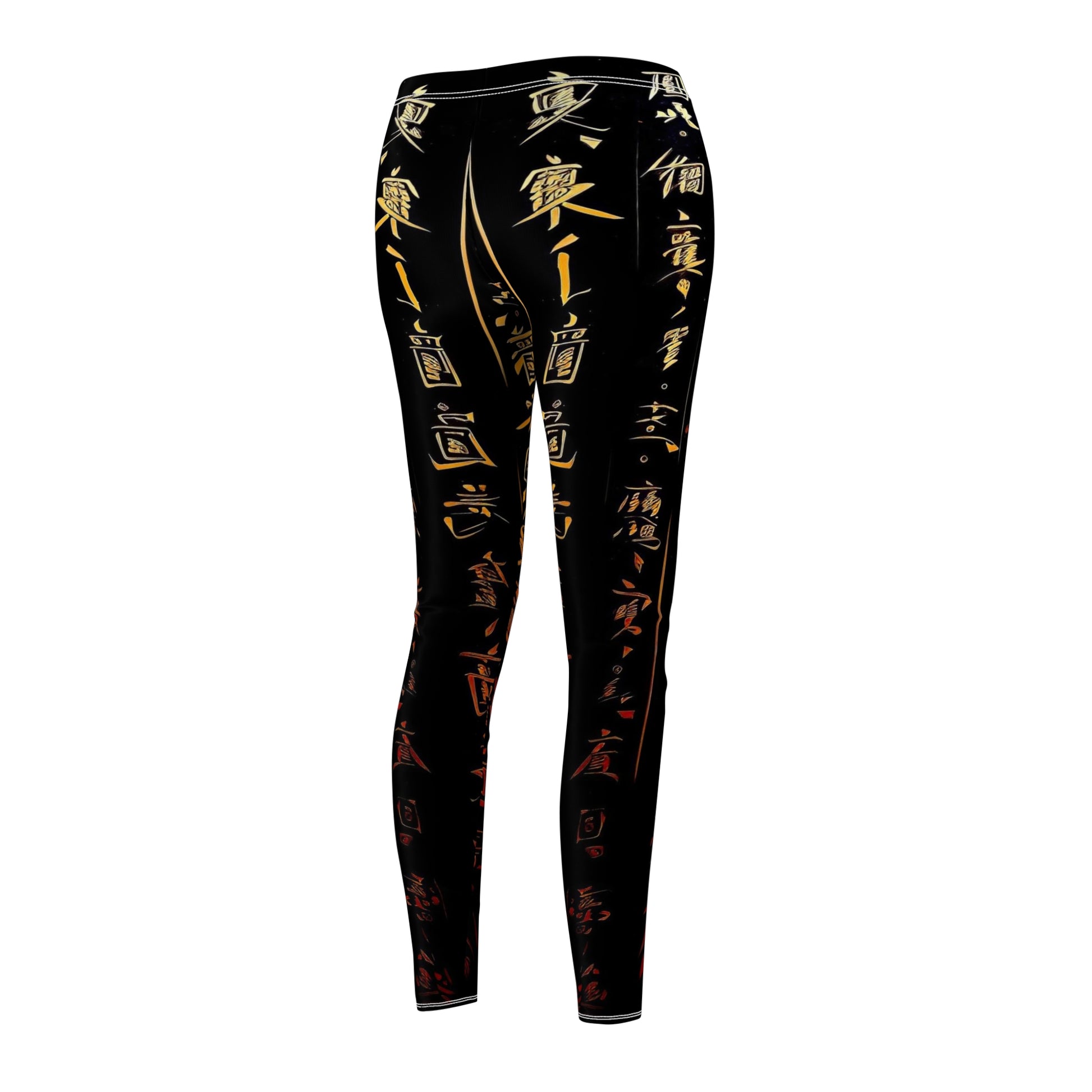A pair of skinny fit leggings featuring gold and red Chinese lettering on a black background, back side view.
