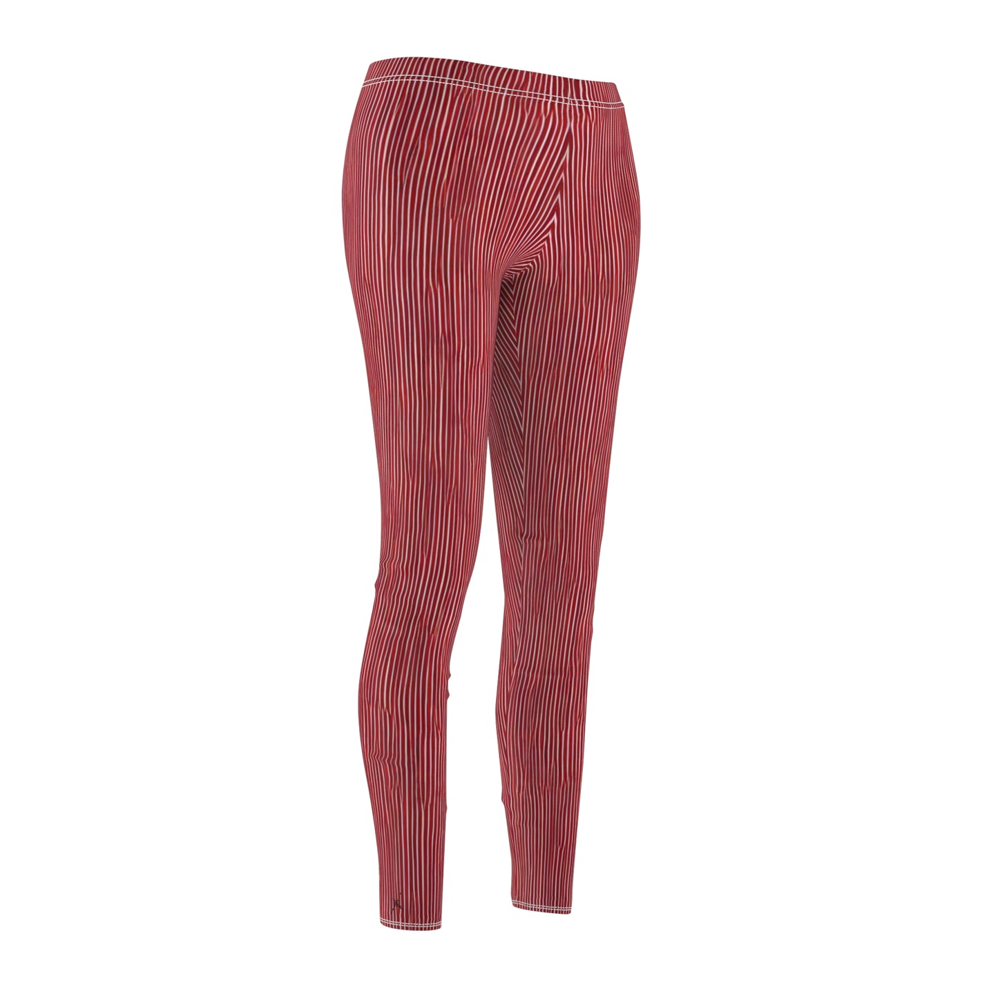 A pair of elastic skinny fit leggings with a red and white striped pattern.