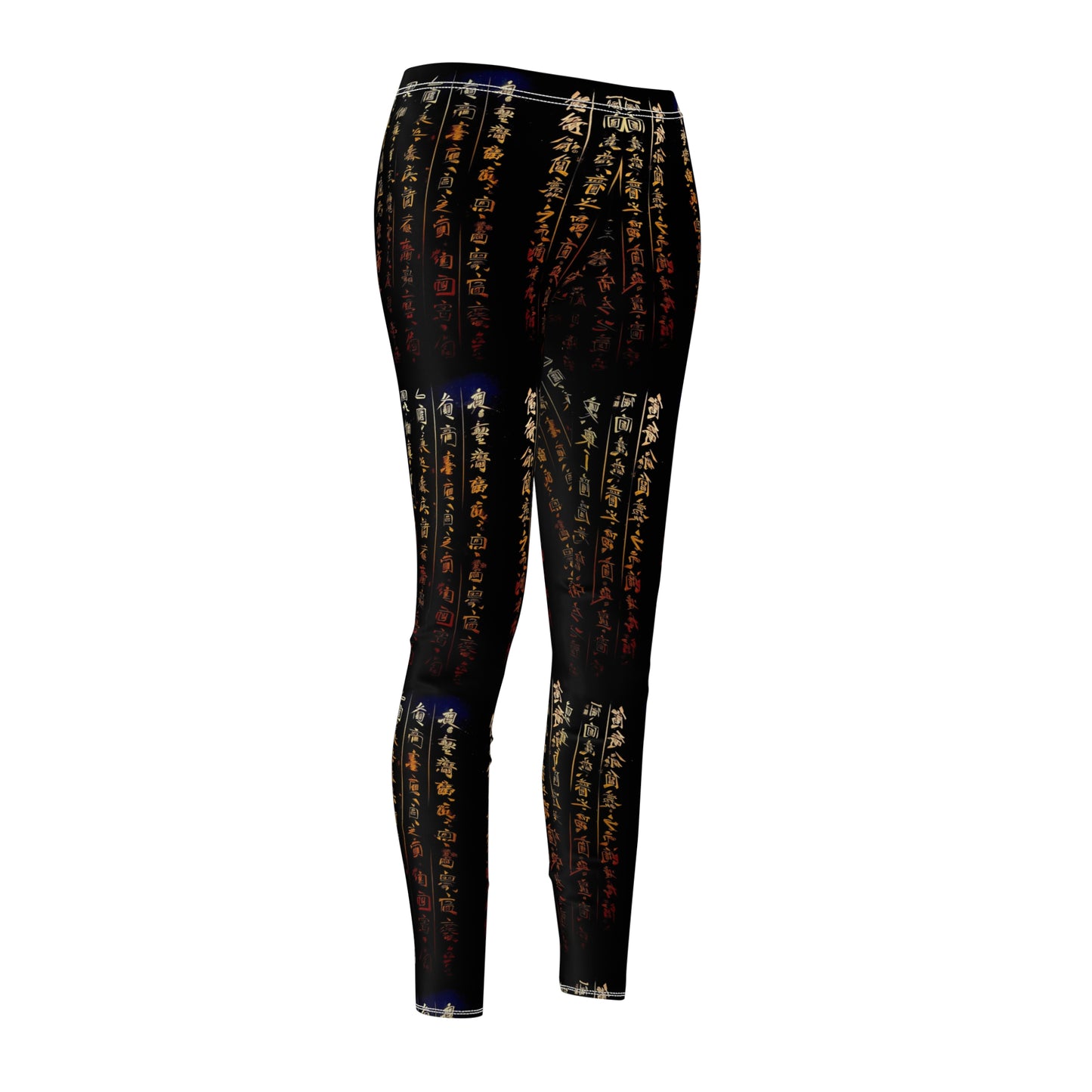 Front side view of a pair of black activewear leggings with a gold all-over Chinese calligraphy print, featuring a skinny fit design.