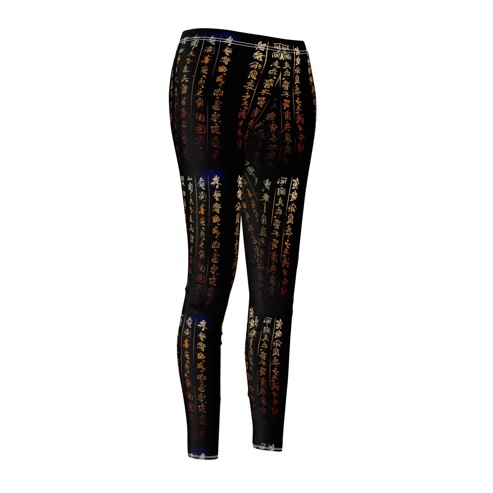Front side view of a pair of black activewear leggings with a gold all-over Chinese calligraphy print, featuring a skinny fit design.