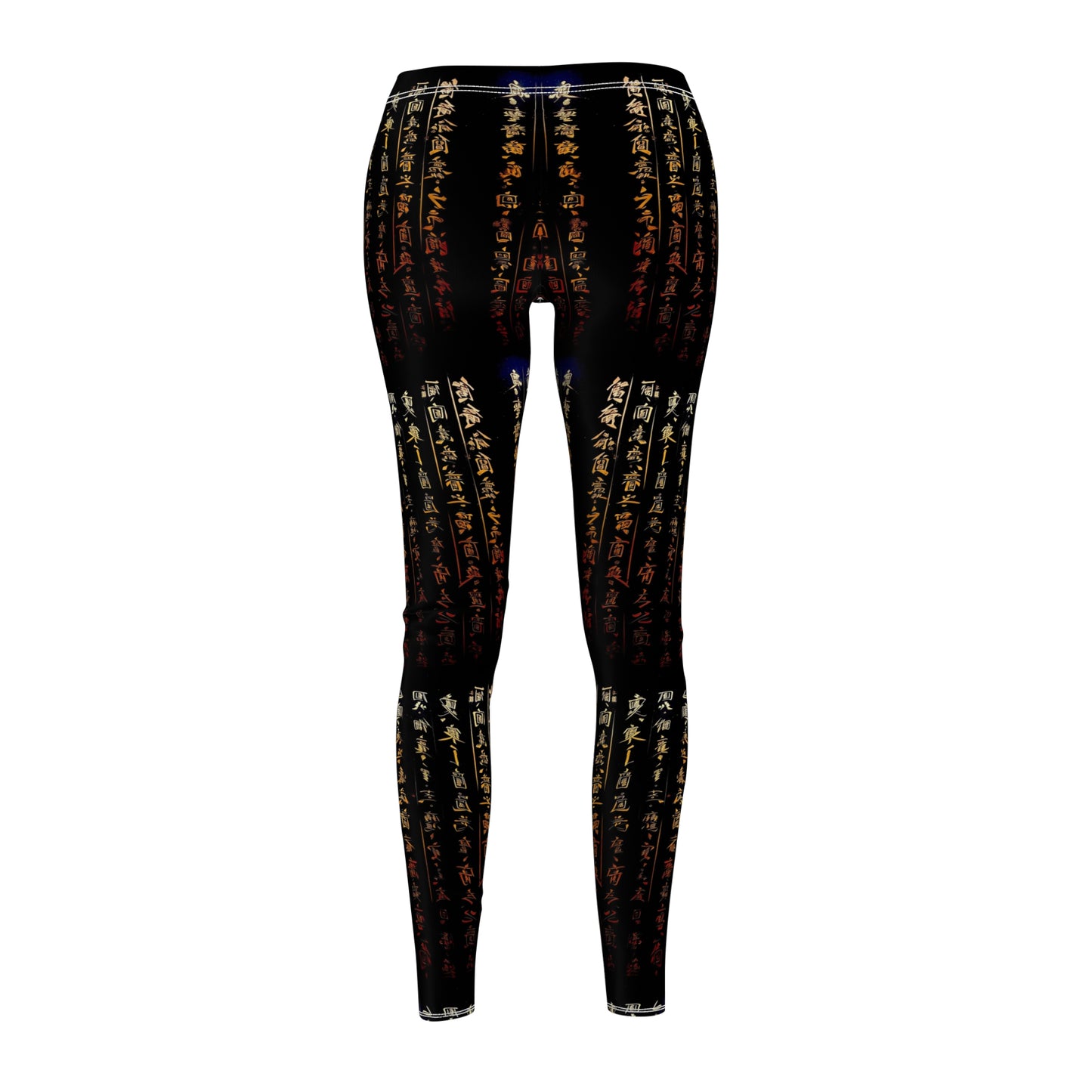 Back view of a pair of black activewear leggings with a gold all-over Chinese calligraphy print, featuring a skinny fit design.