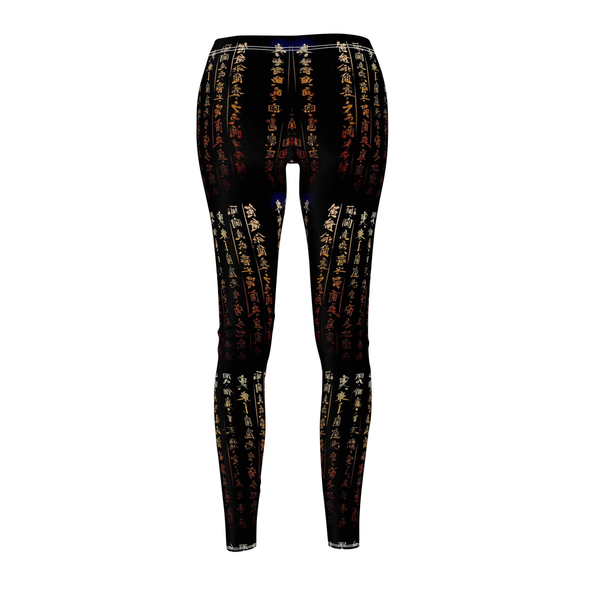 Back view of a pair of black activewear leggings with a gold all-over Chinese calligraphy print, featuring a skinny fit design.
