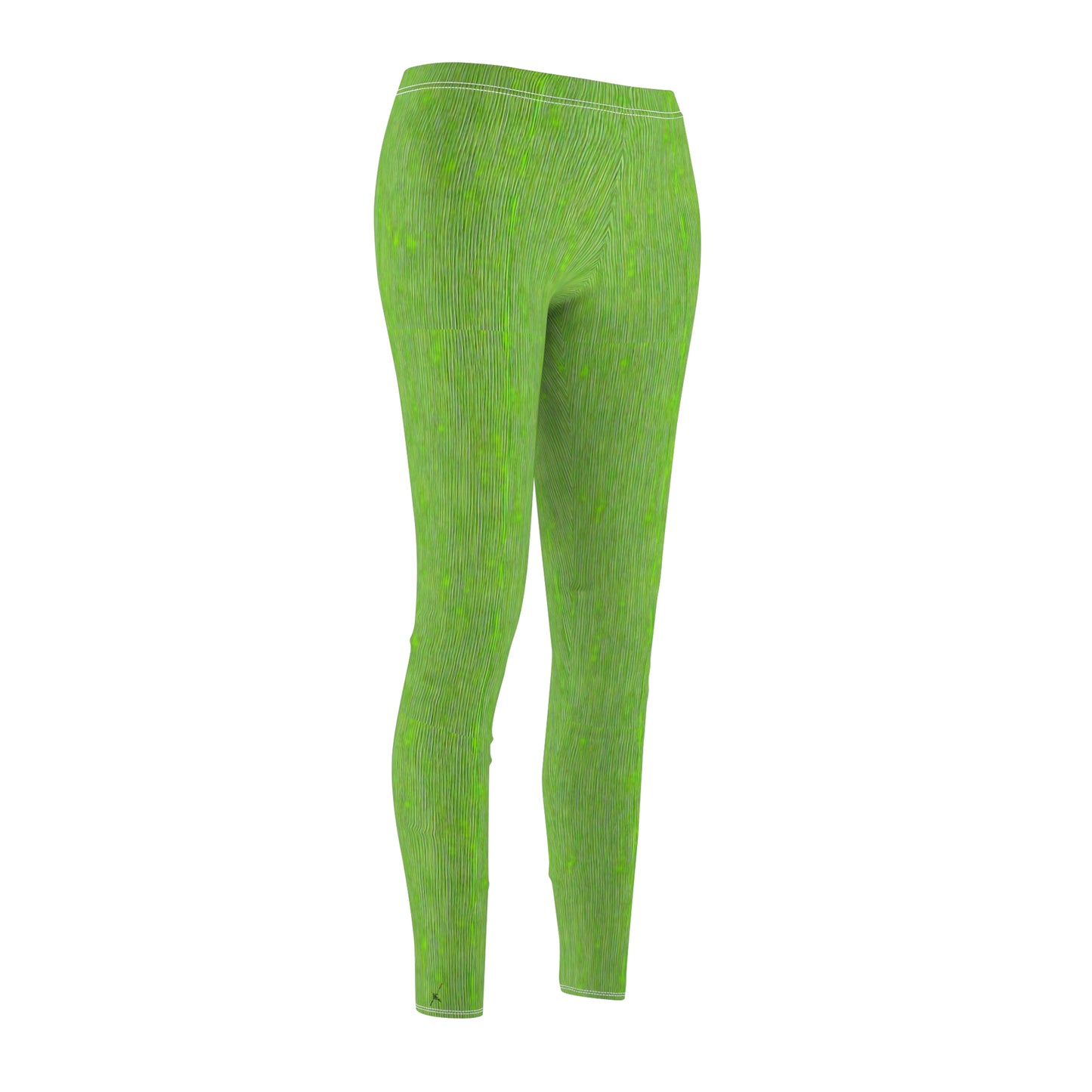 A pair of elastic skinny fit leggings in lime green with a white stripe pattern, front side view.