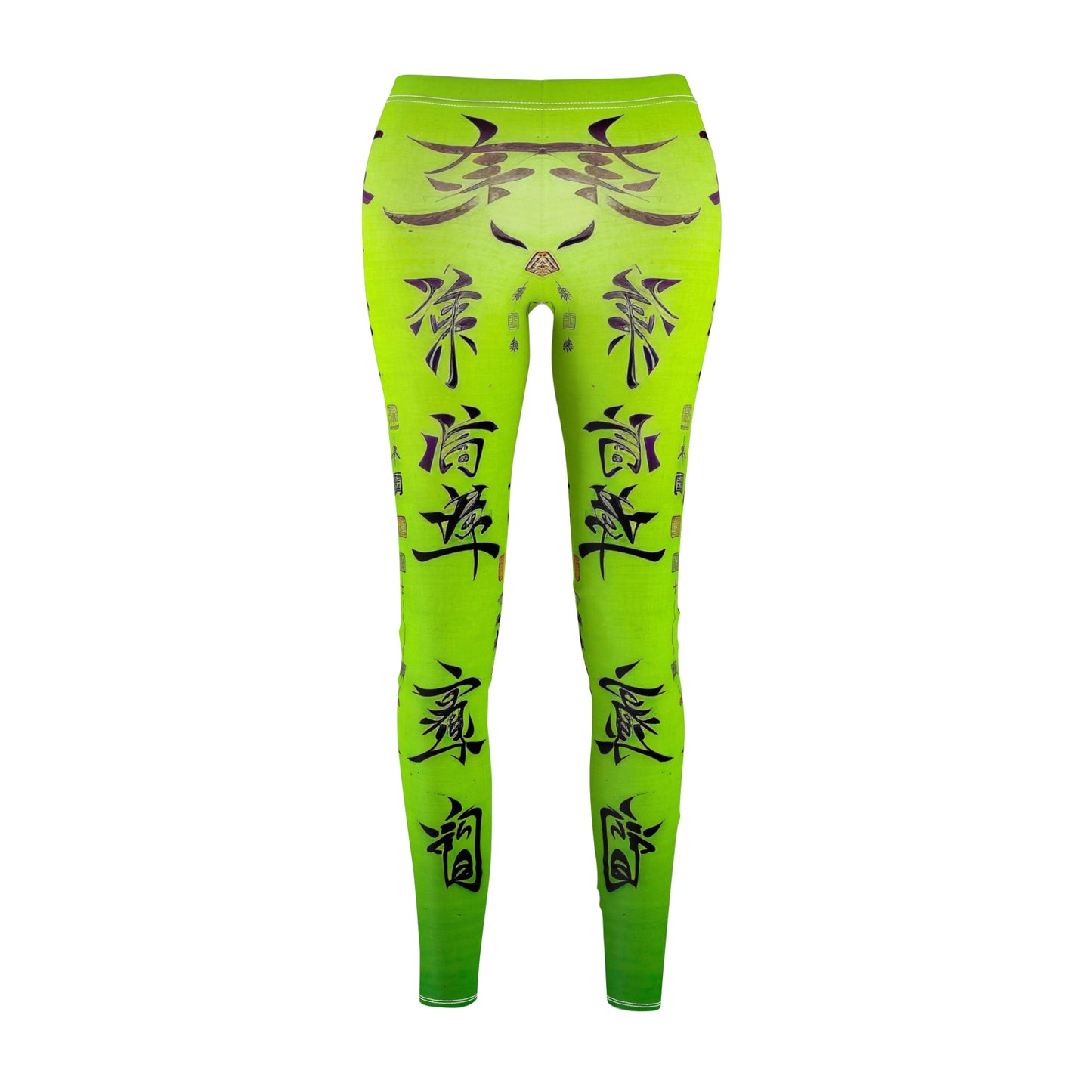 Front view of a pair of lime green leggings with a white thread color and a graphic print featuring stylized Chinese lettering in black. 