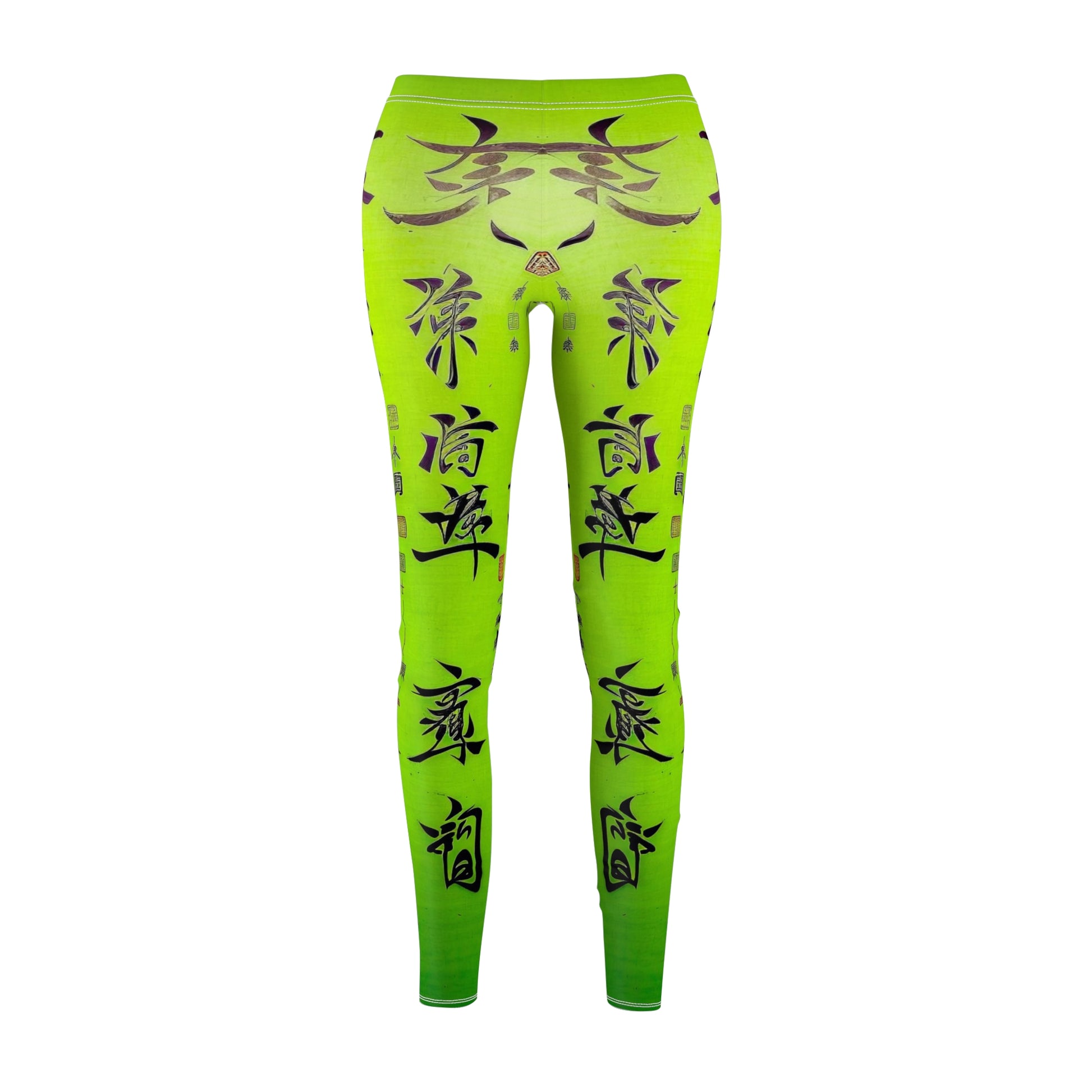 Front view of a pair of lime green leggings with a white thread color and a graphic print featuring stylized Chinese lettering in black. 