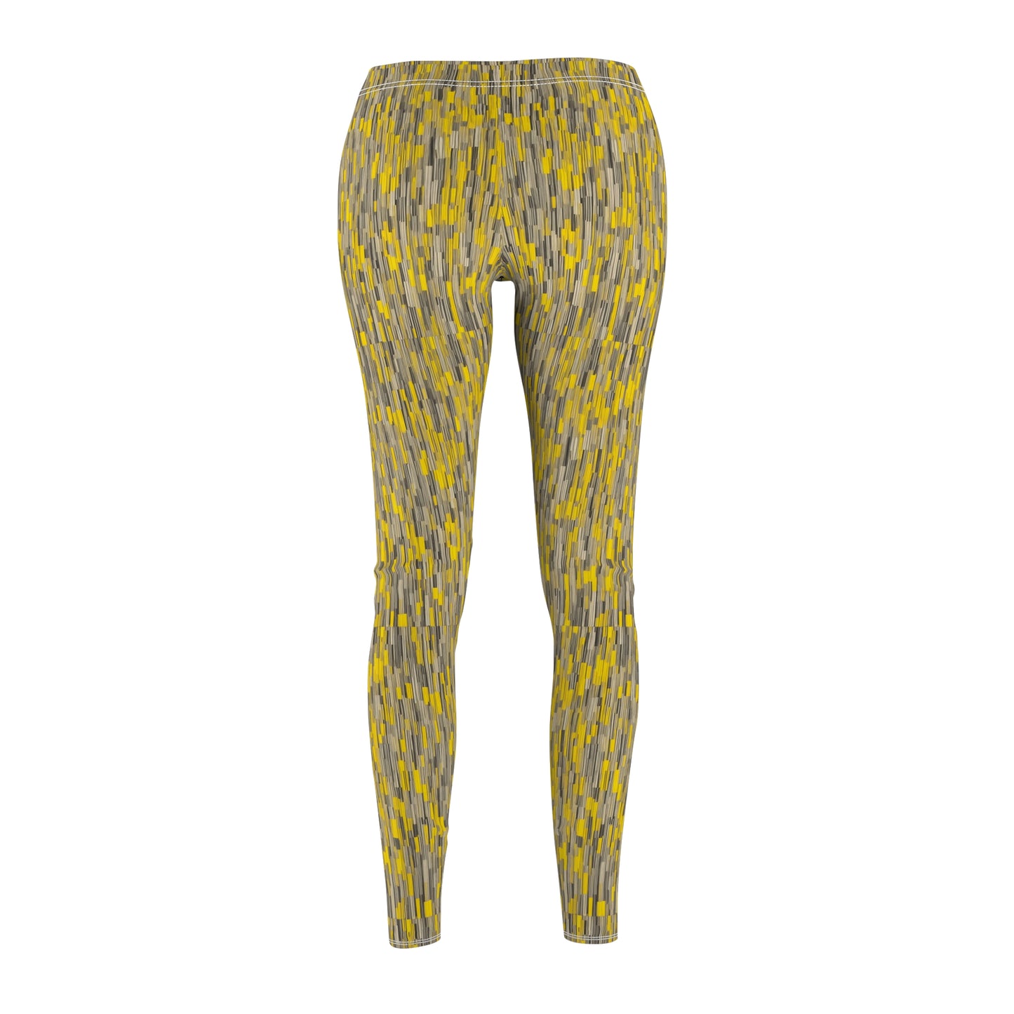 A pair of leggings with a vibrant yellow and gray geometric pattern. Back view.