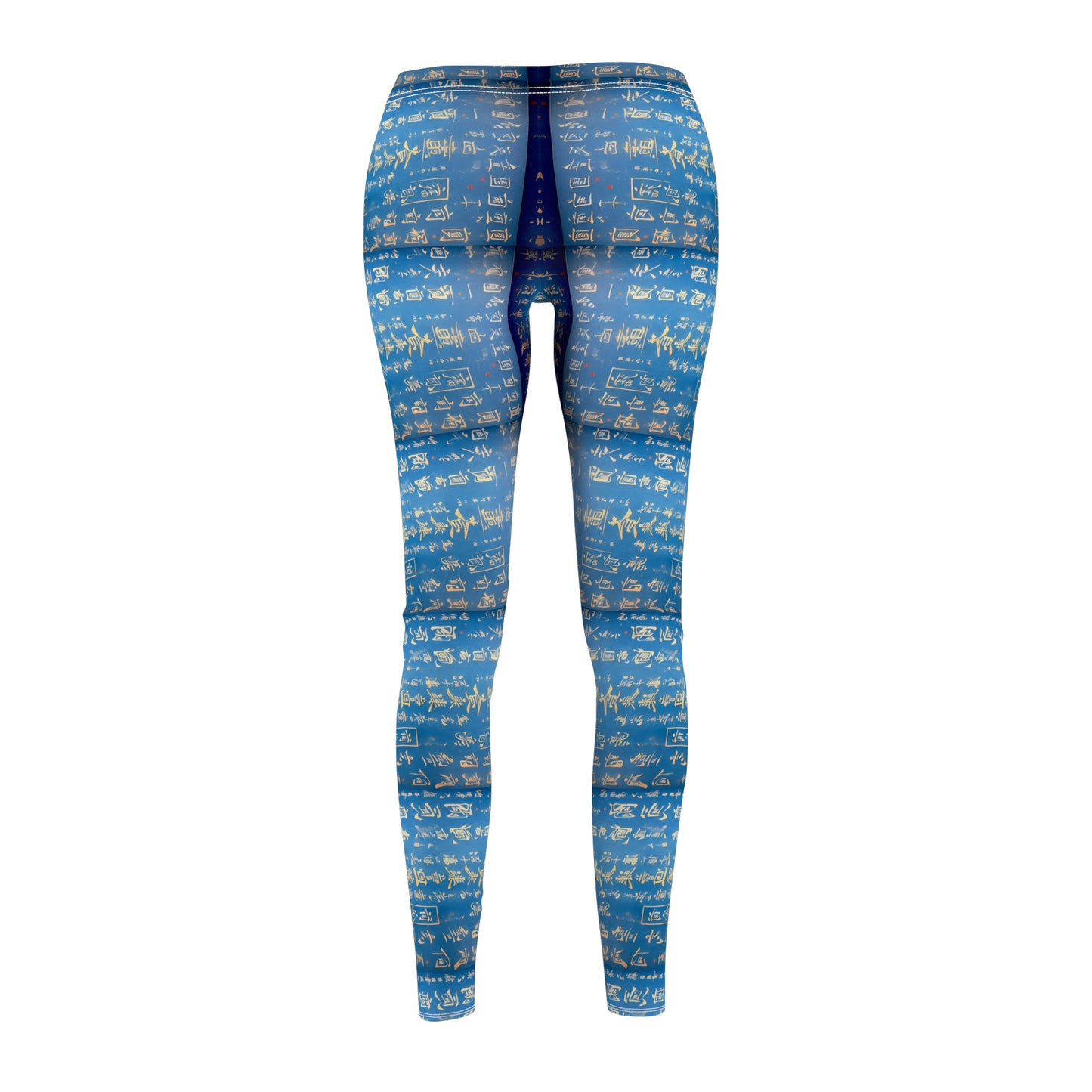 A pair of blue leggings, back view, covered in gold Chinese writing, showcasing the product's skinny fit and vibrant color.